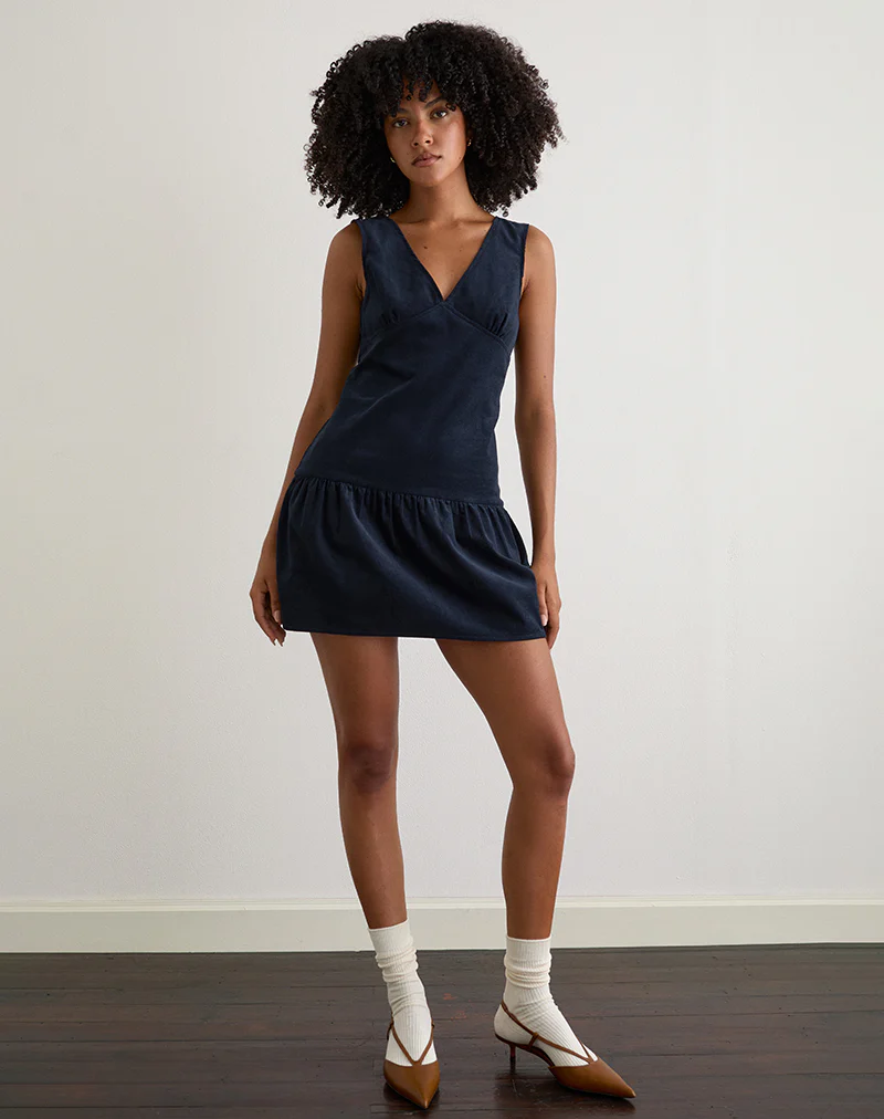 Sarabi Plunge Mini Dress in Cord Navy