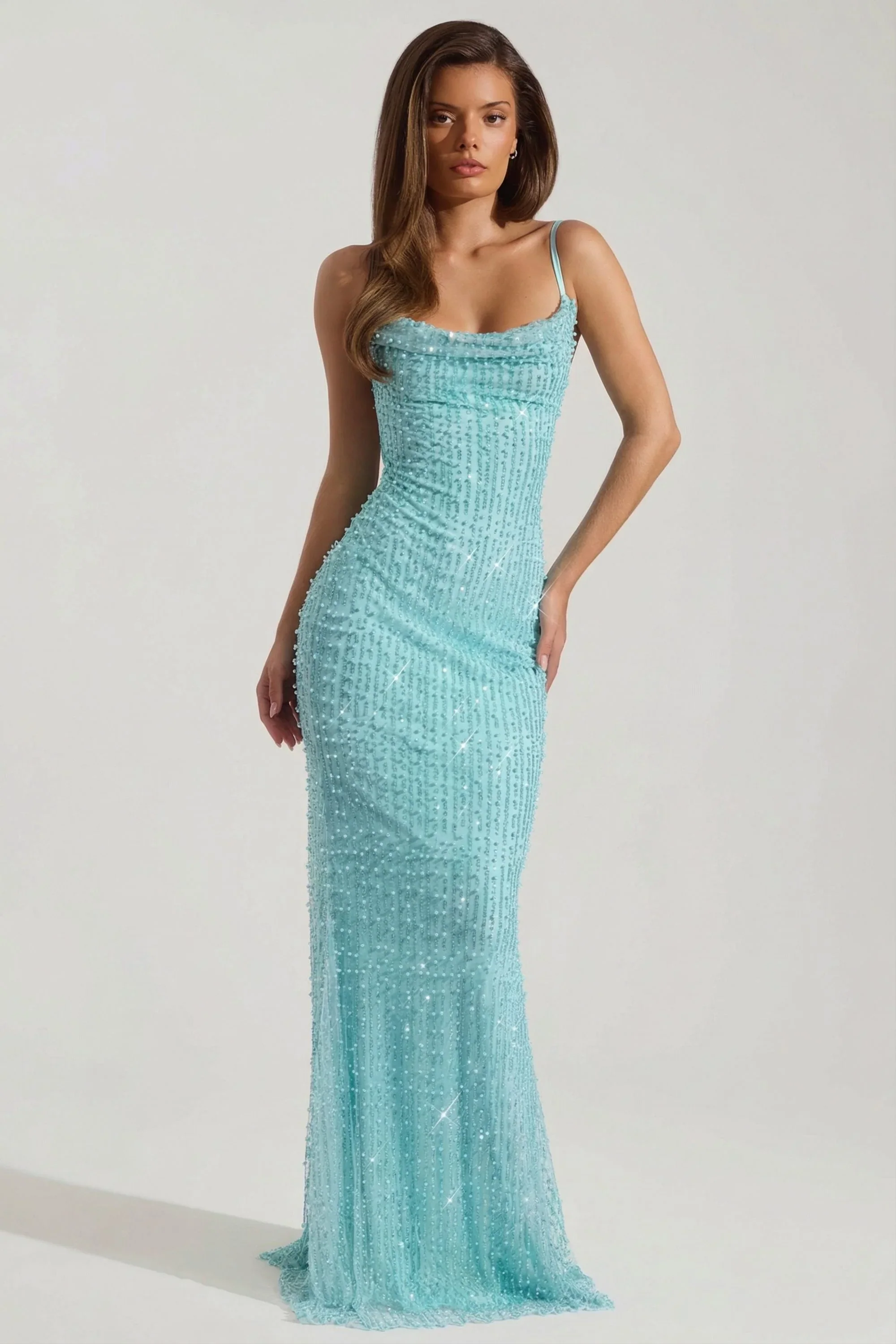Embellished Cowl-Neck Backless Maxi Dress in Aqua Blue - luluinthesky