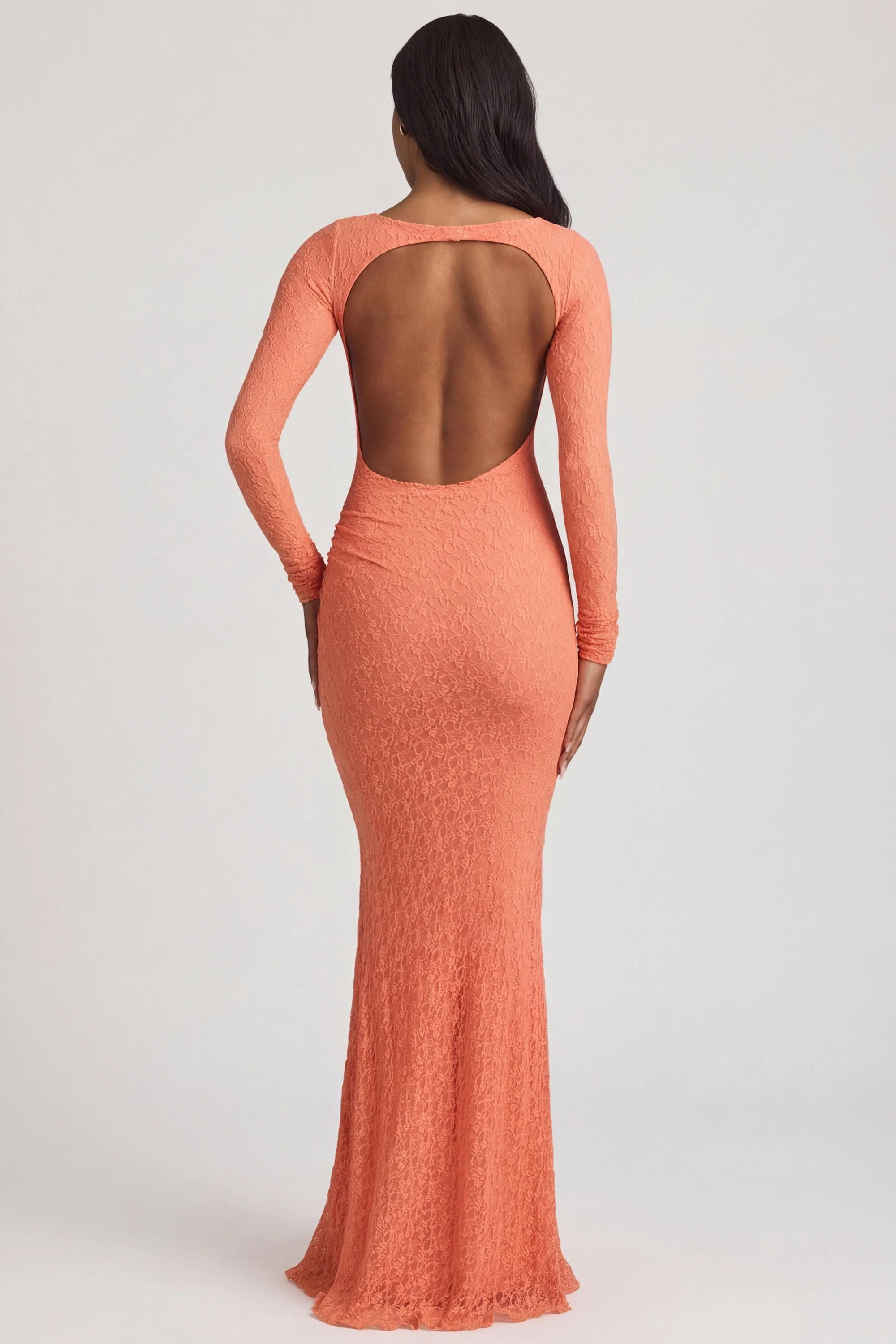 Ruched Backless Lace Maxi Dress in Peach