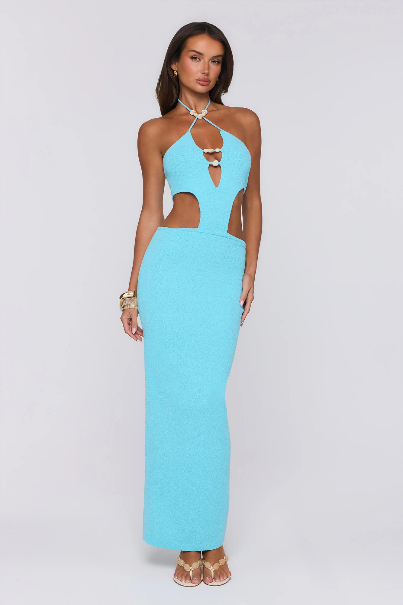 Beachside In Cabo Knit Halter Maxi Dress Aqua