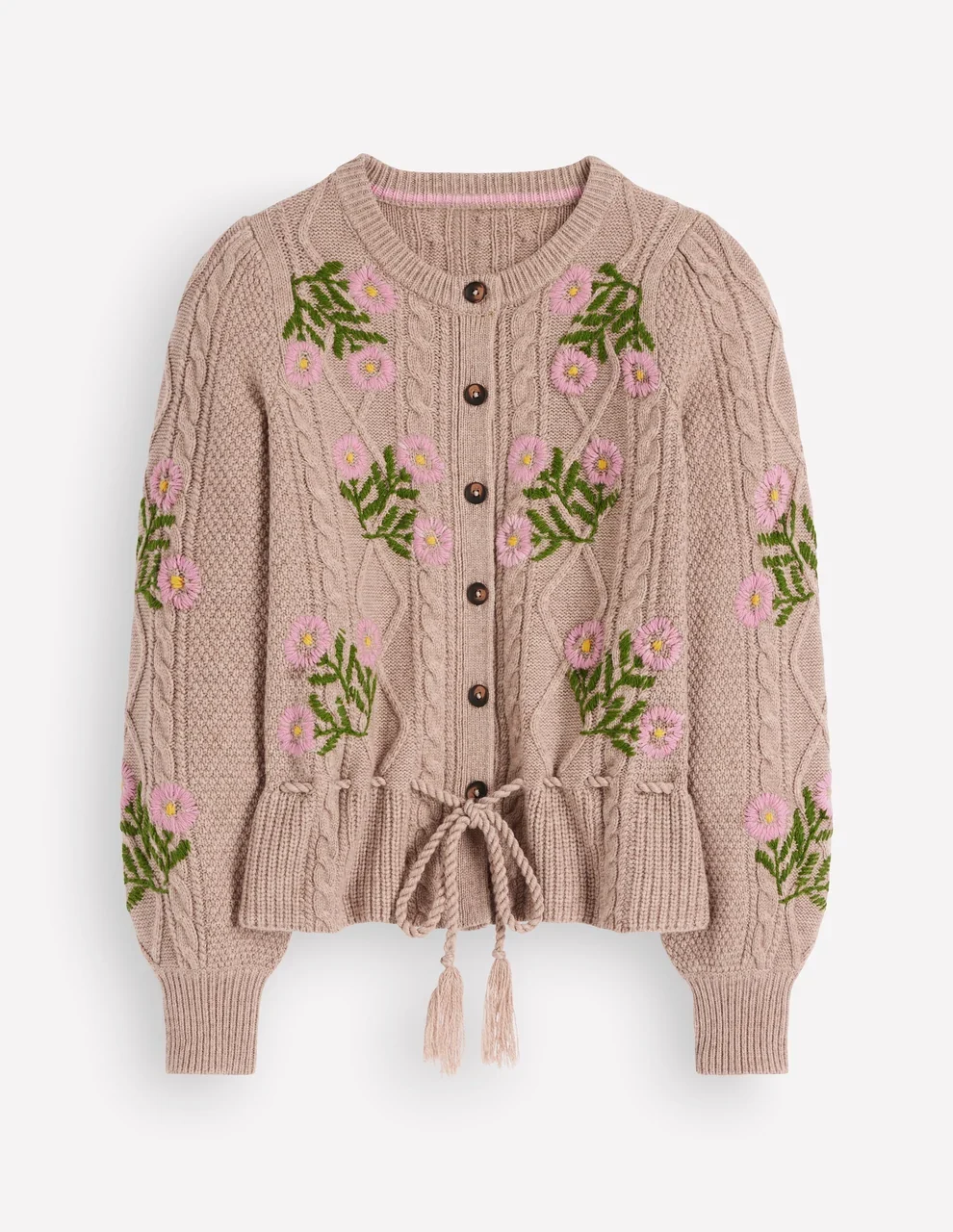 Cable Knitted Cardigan Mink Melange, Embroidery
