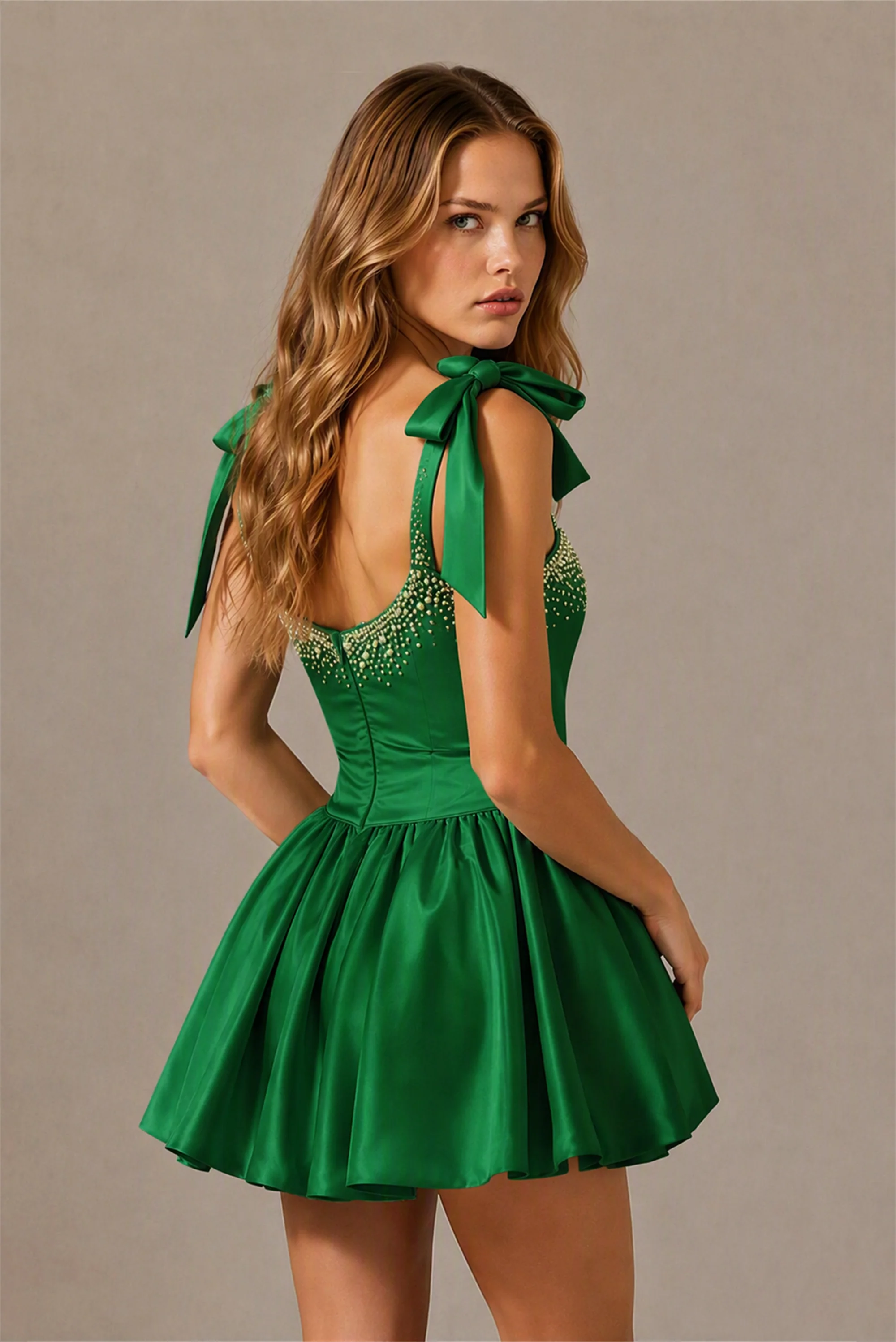 BOLODOO Emerald Green Satin Pearl Embellished Sweetheart Bow Strap Bubble Hem Mini Dress | Cocktail Prom Homecoming Dress