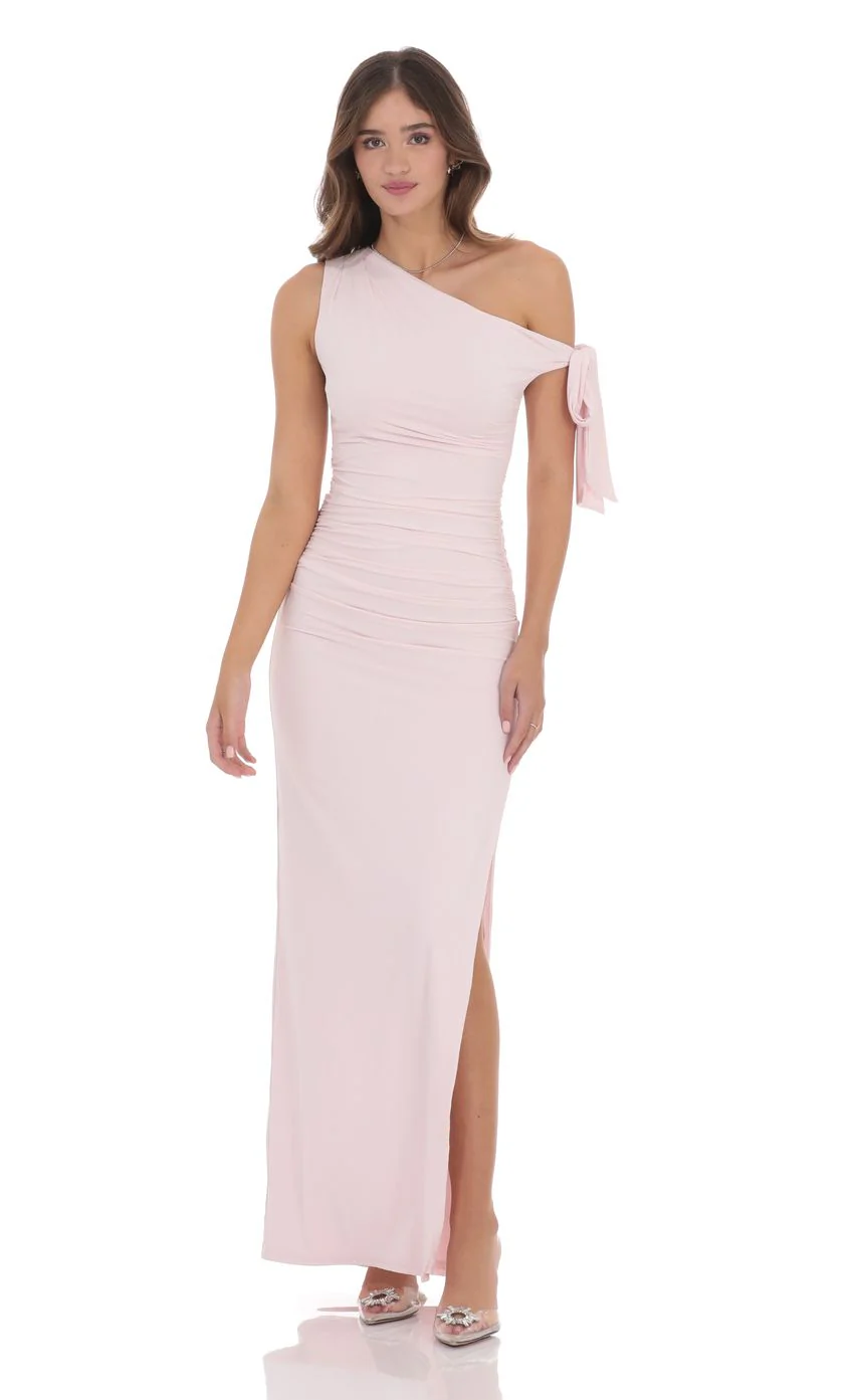 Off Shoulder Tie Strap Maxi Dress in Pink