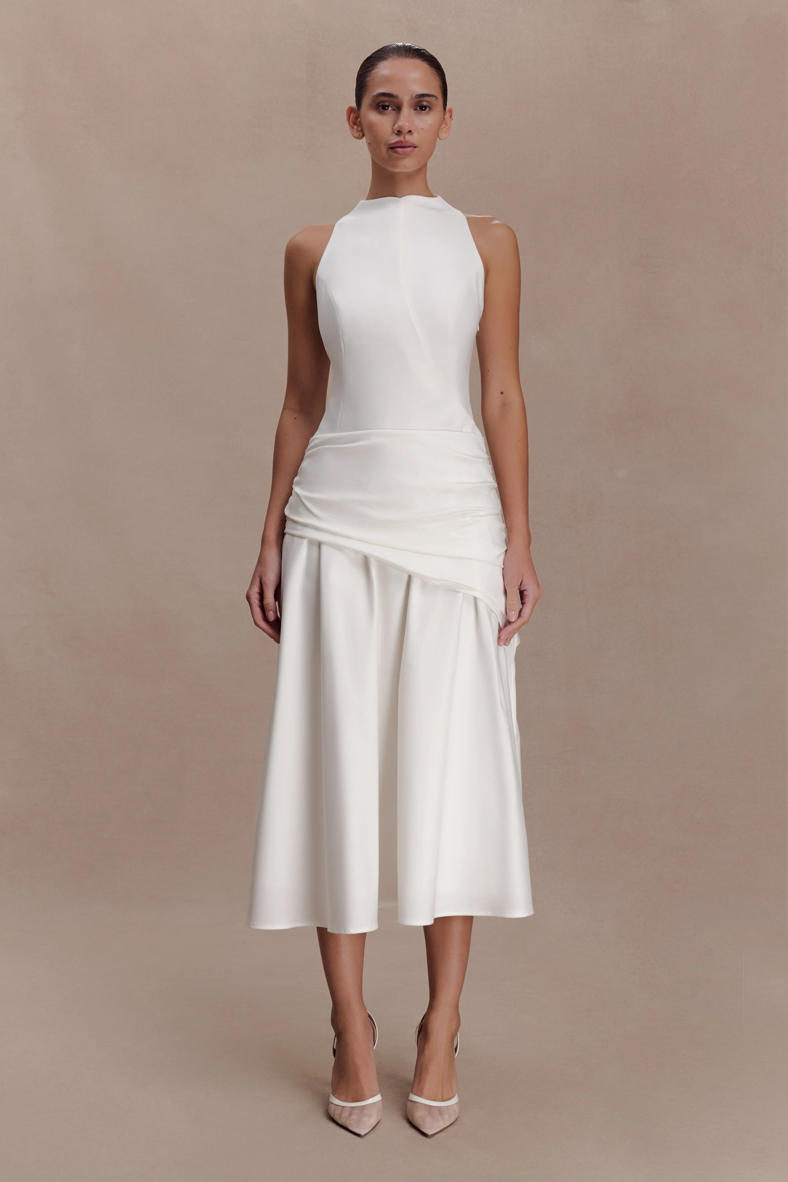 Emily Wrapped Waist Midi Dress - White