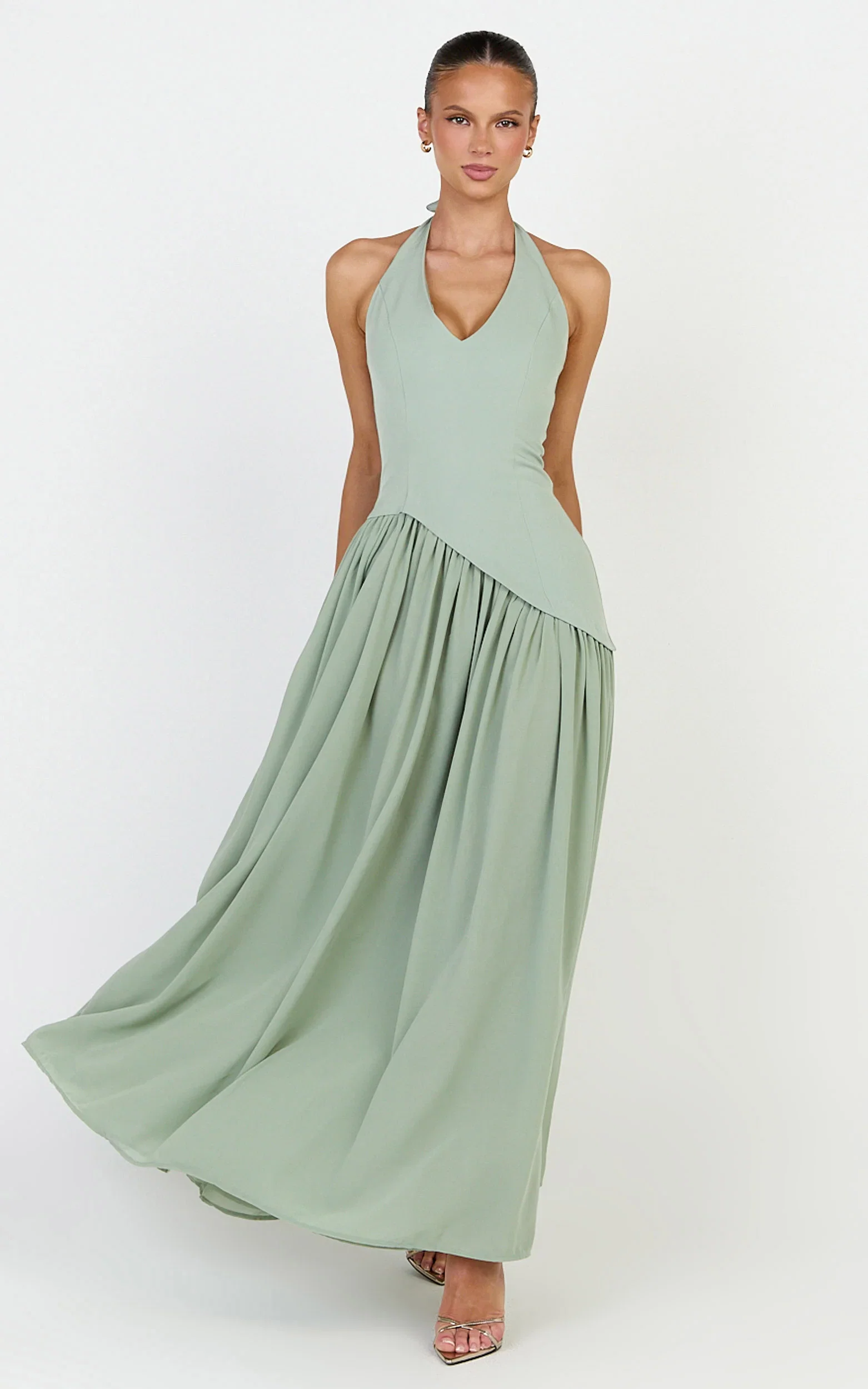 Calla Maxi Dress - Halter Neck Asymmetric Dropped Waist Dress in Sage