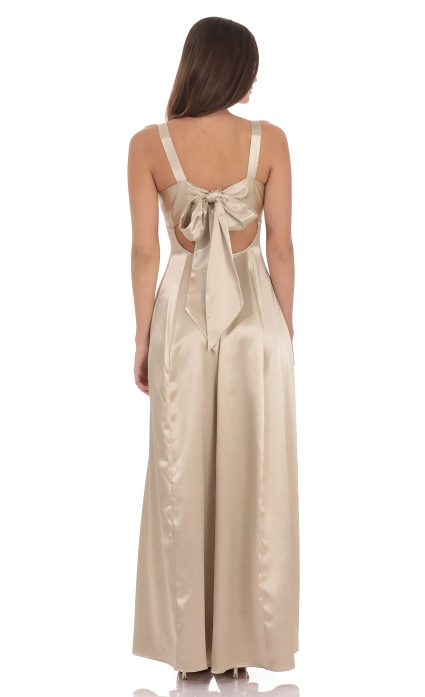 Satin V-Neck Fit and Flare Maxi Dress in Gold - luluinthesky