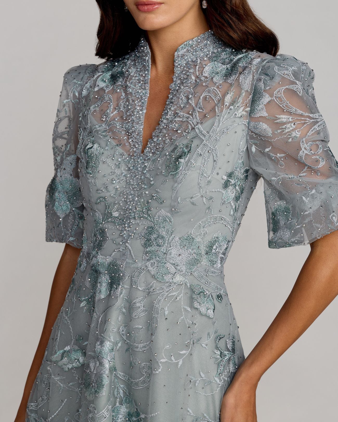 Blue Queen Anne Puff Sleeve Embroidered A-Line Gown - luluinthesky