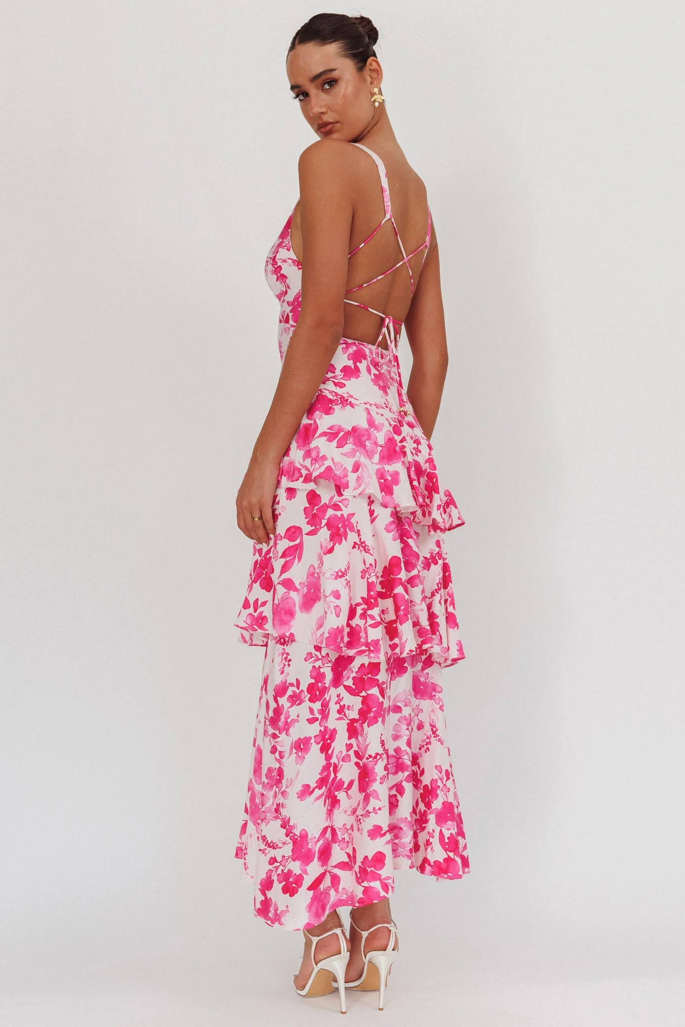 Veda Strappy Back Ruffle Maxi Dress Floral Fuchsia