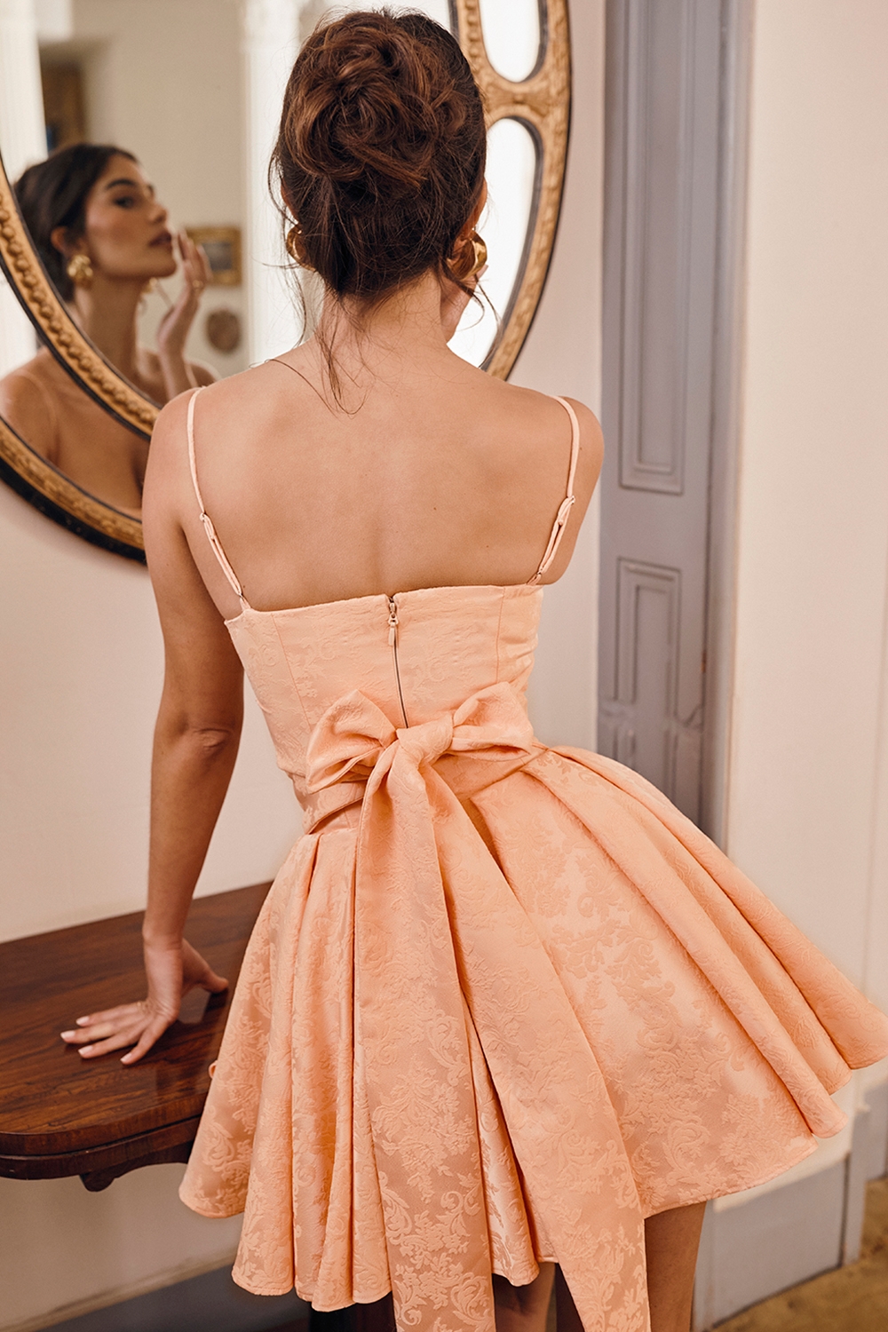 Peach Jacquard Mini Bow Gown