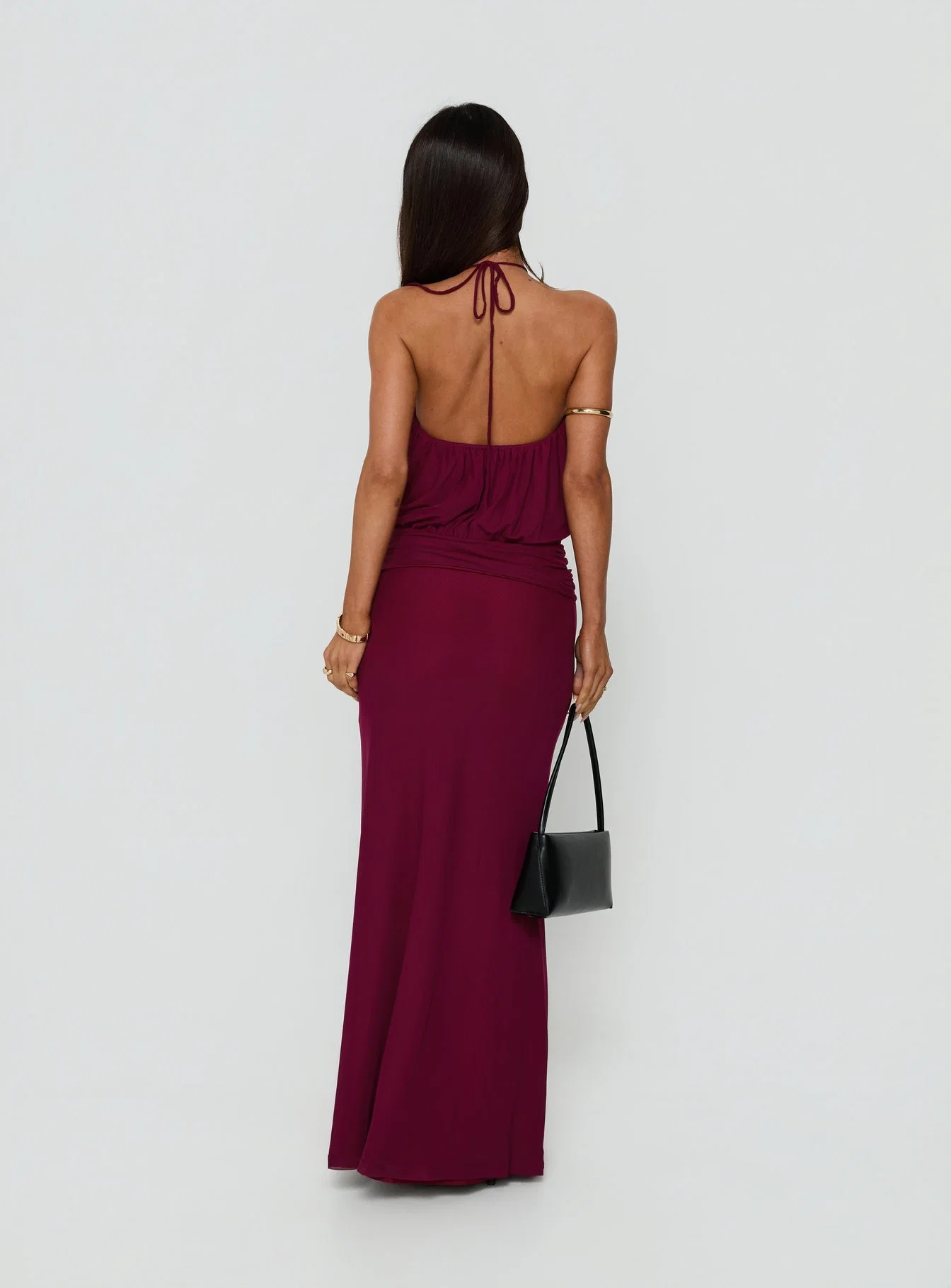 Casperina Ruched Halter Maxi Dress Berry - FASHION NOB
