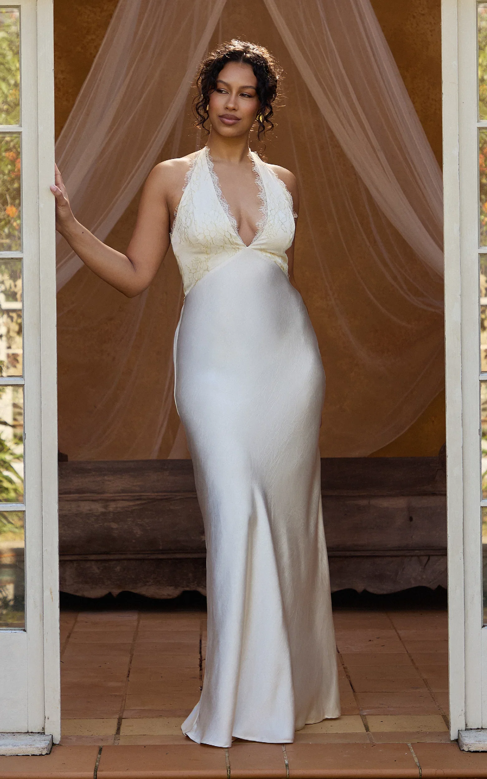 Marielle Maxi Dress - Lace Bust Halter Dress in Cream