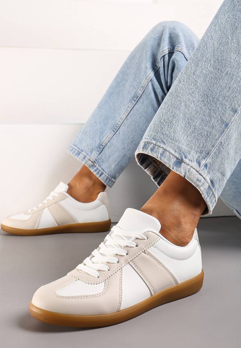 Beżowo-Białe Sneakersy Tenisówki z Ozdobnymi Przeszyciami Sumina