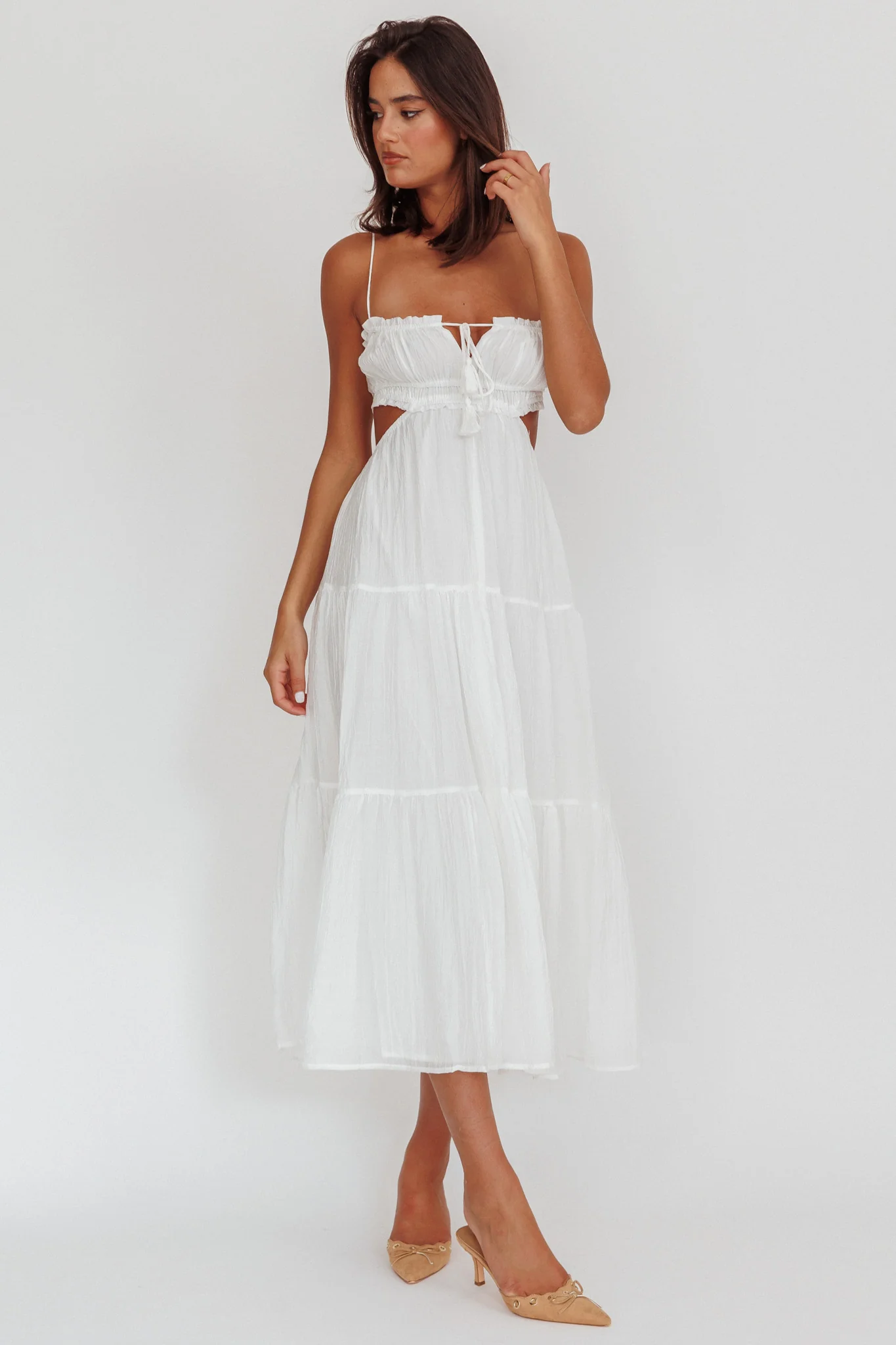 Eyona Cut-Out Waist Tie Maxi Dress White - luluinthesky