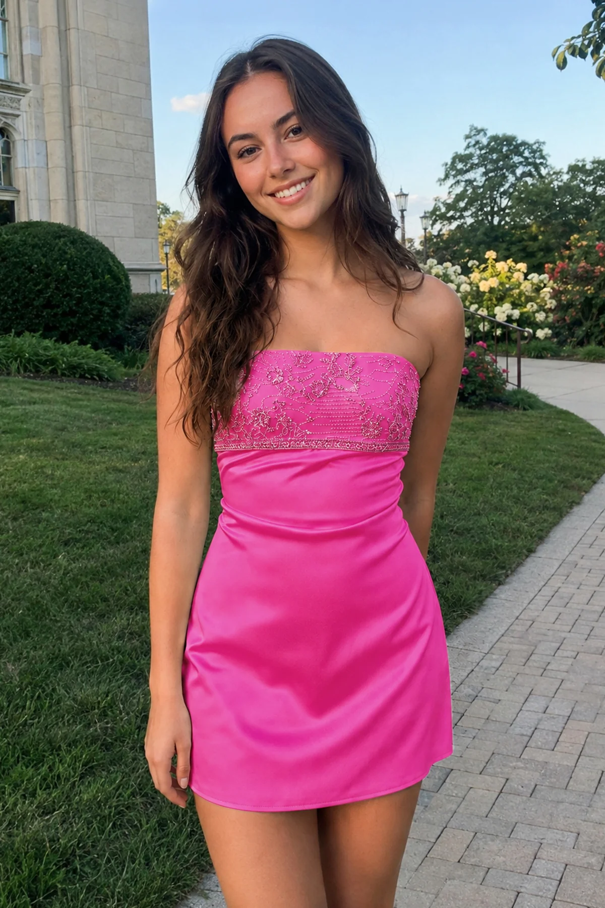Aqua Strapless Appliqued Satin Sheath Homecoming Dress