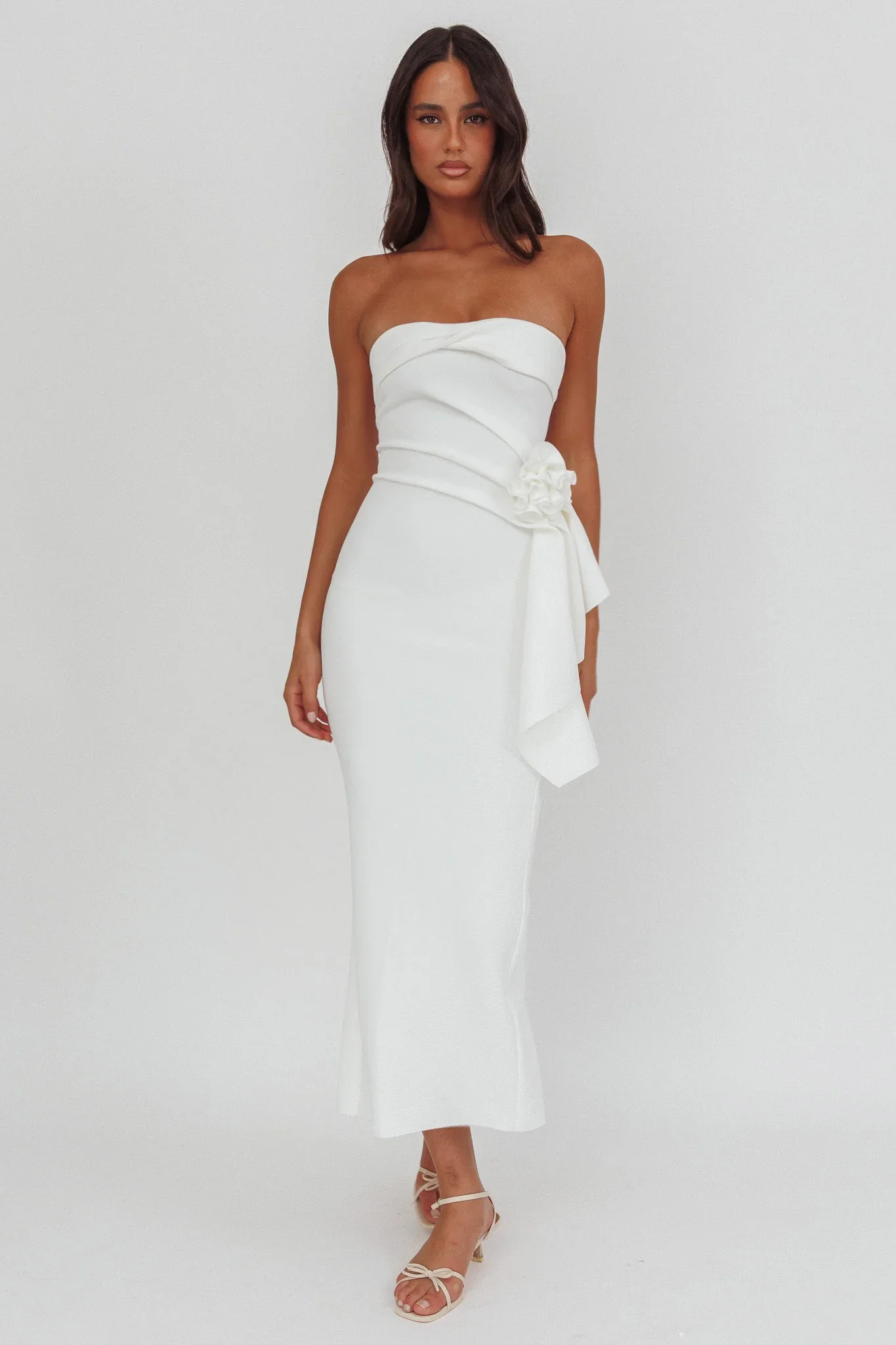 Sasha Cascade Ruffle Rosette Midi Dress White