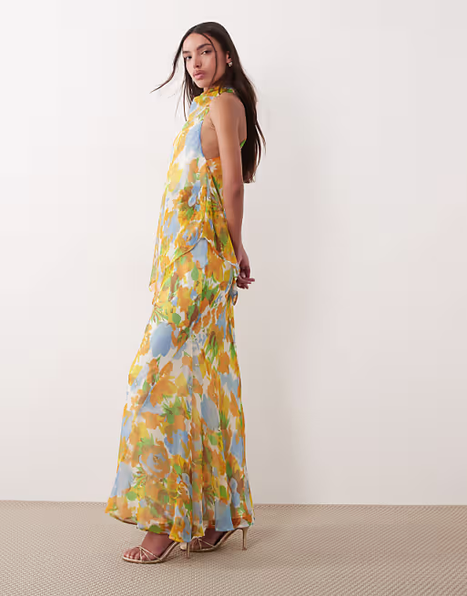 chiffon high neck double layer maxi dress in floral print