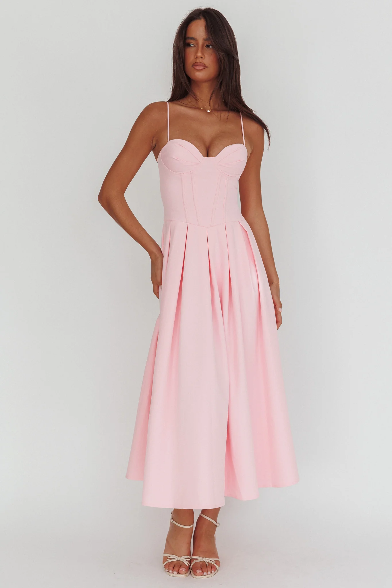 Kearsy Box Pleat Sweetheart Neckline Midi Dress Pink
