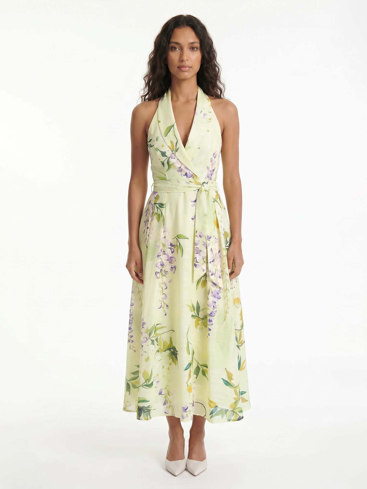 Lemon Floral Halter Midi Dress