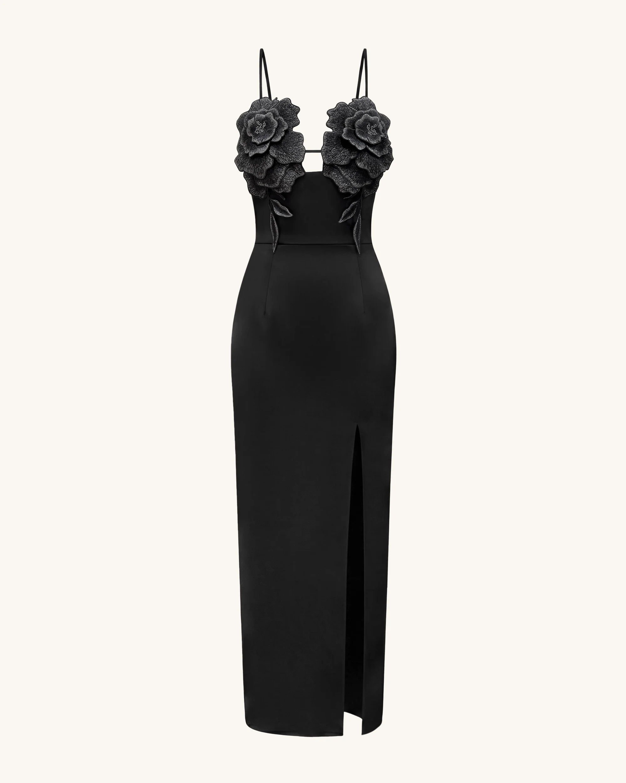 3D Floral Strappy Maxi Dress - Black - FASHION NOB