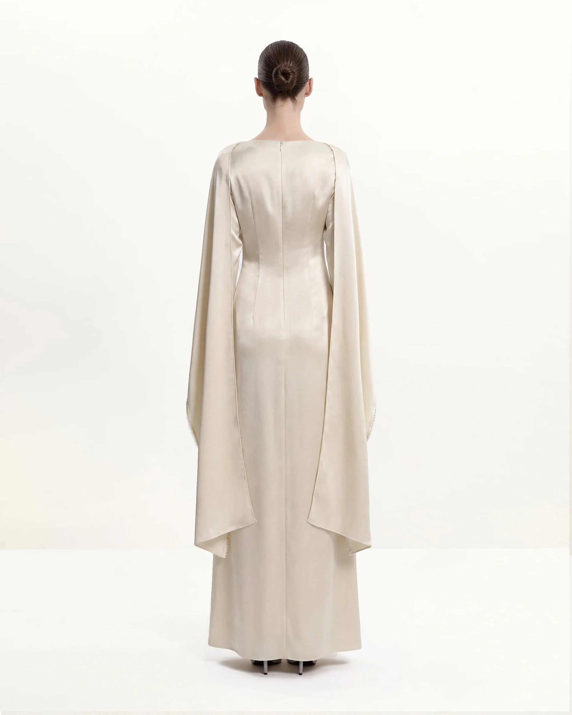 198Pearl-Trimmed Cape Sleeve Boat Neck Maxi Gown-Cream - FASHION NOB