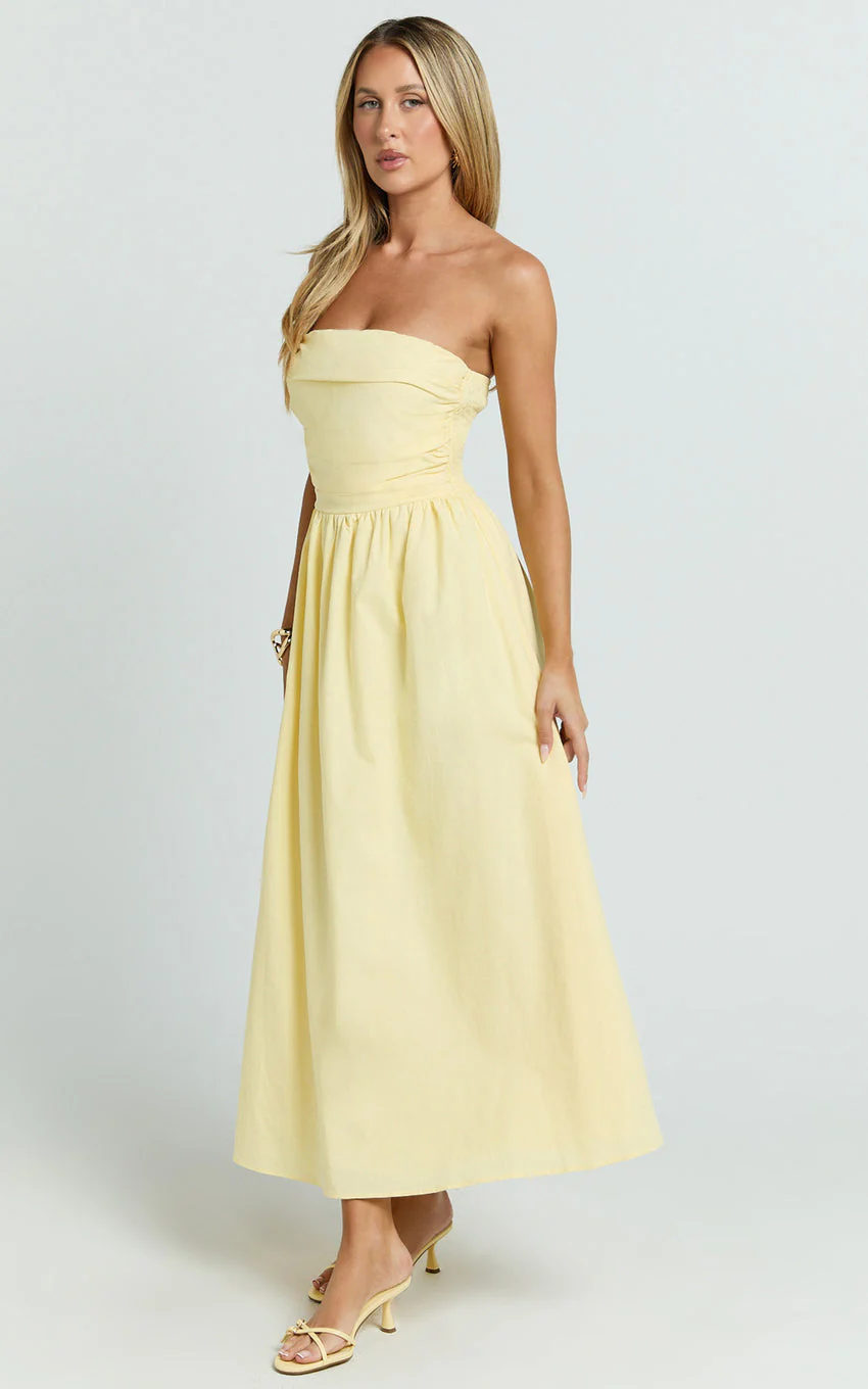 Polly Midi Dress - Strapless Ruched Dress in Lemon