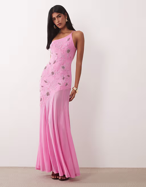 one shoulder embellished maxi dress in pink