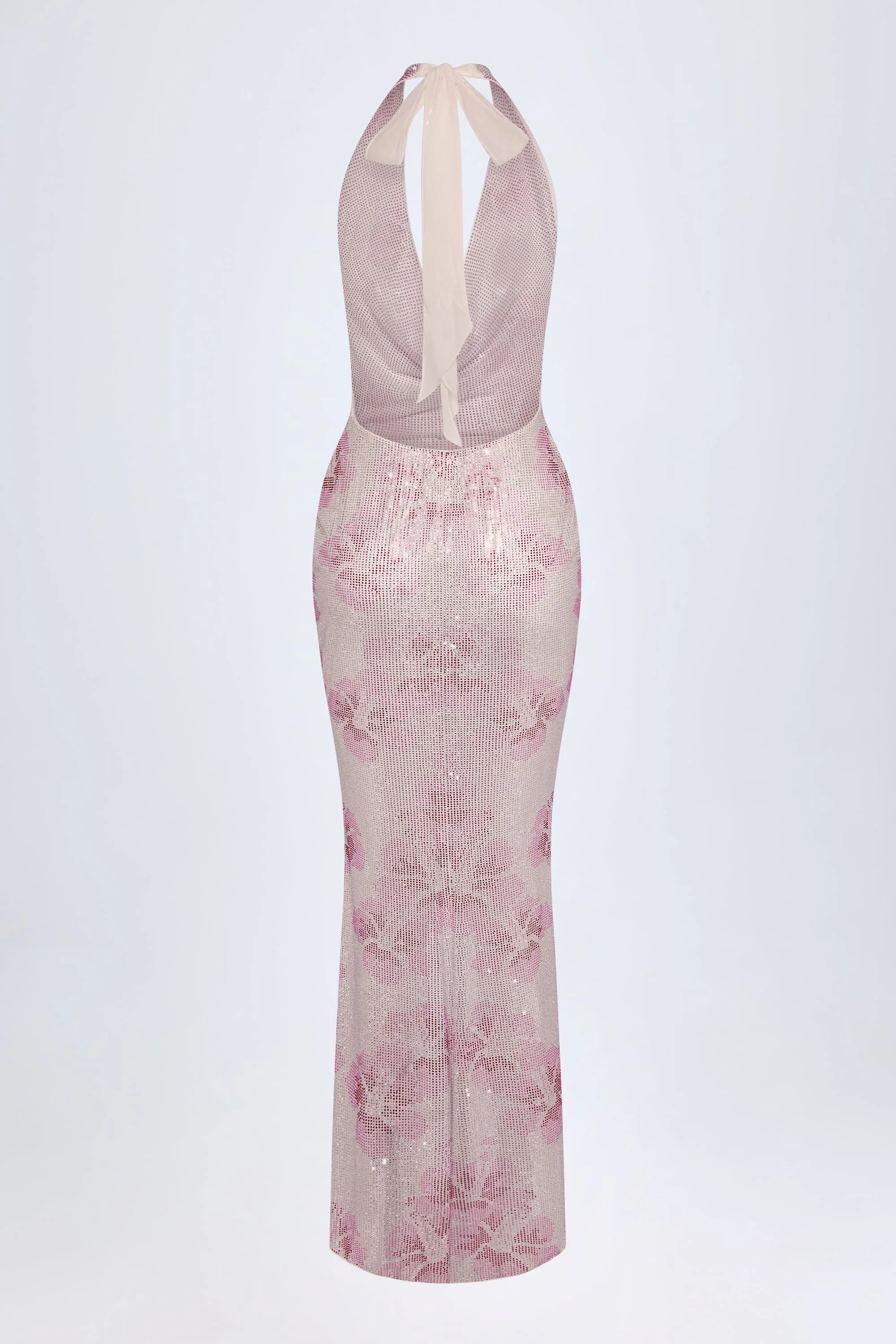 Embellished Cowl-Neck Maxi Dress in Pink White Hotfix
