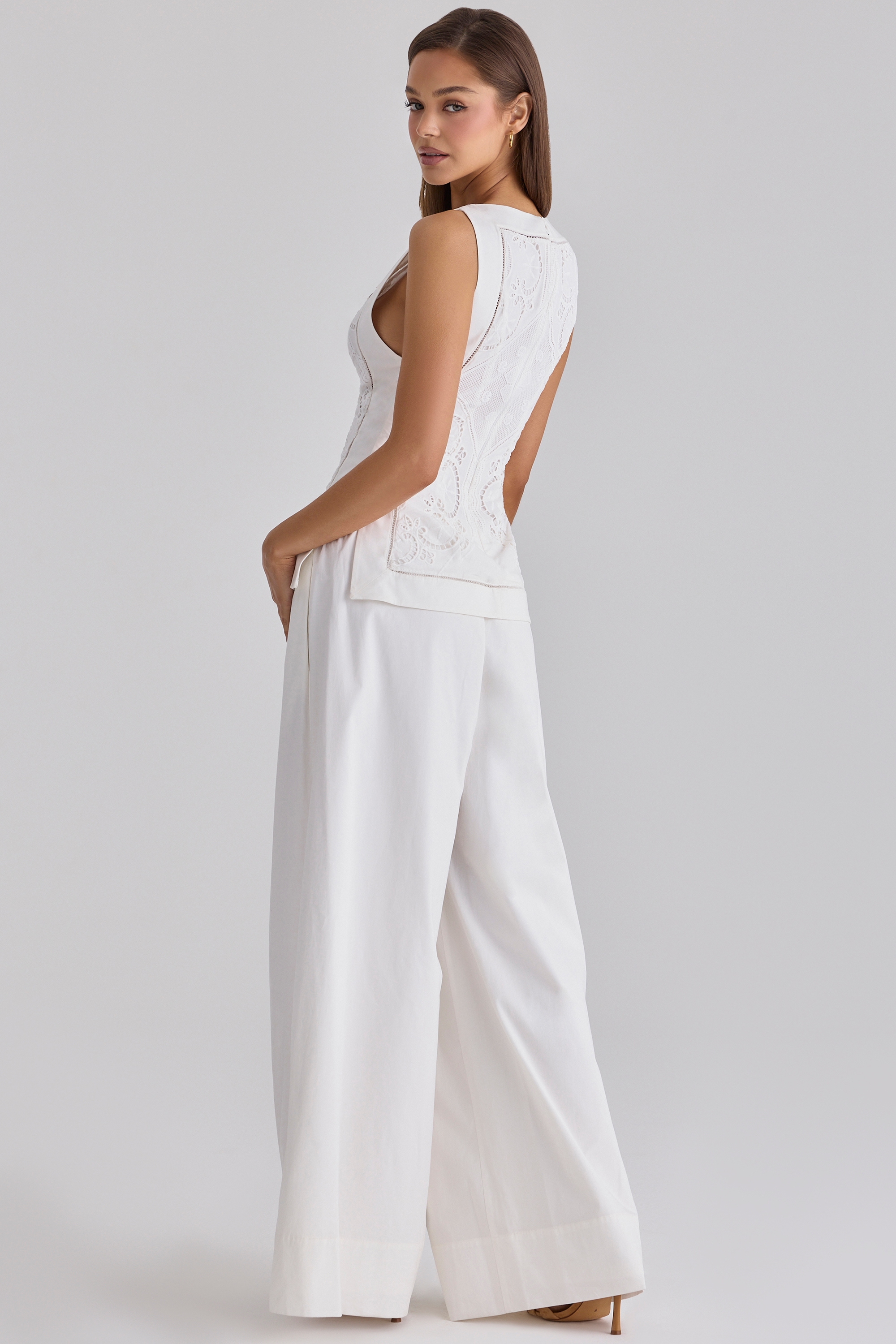 White Cotton Wide Leg Trousers