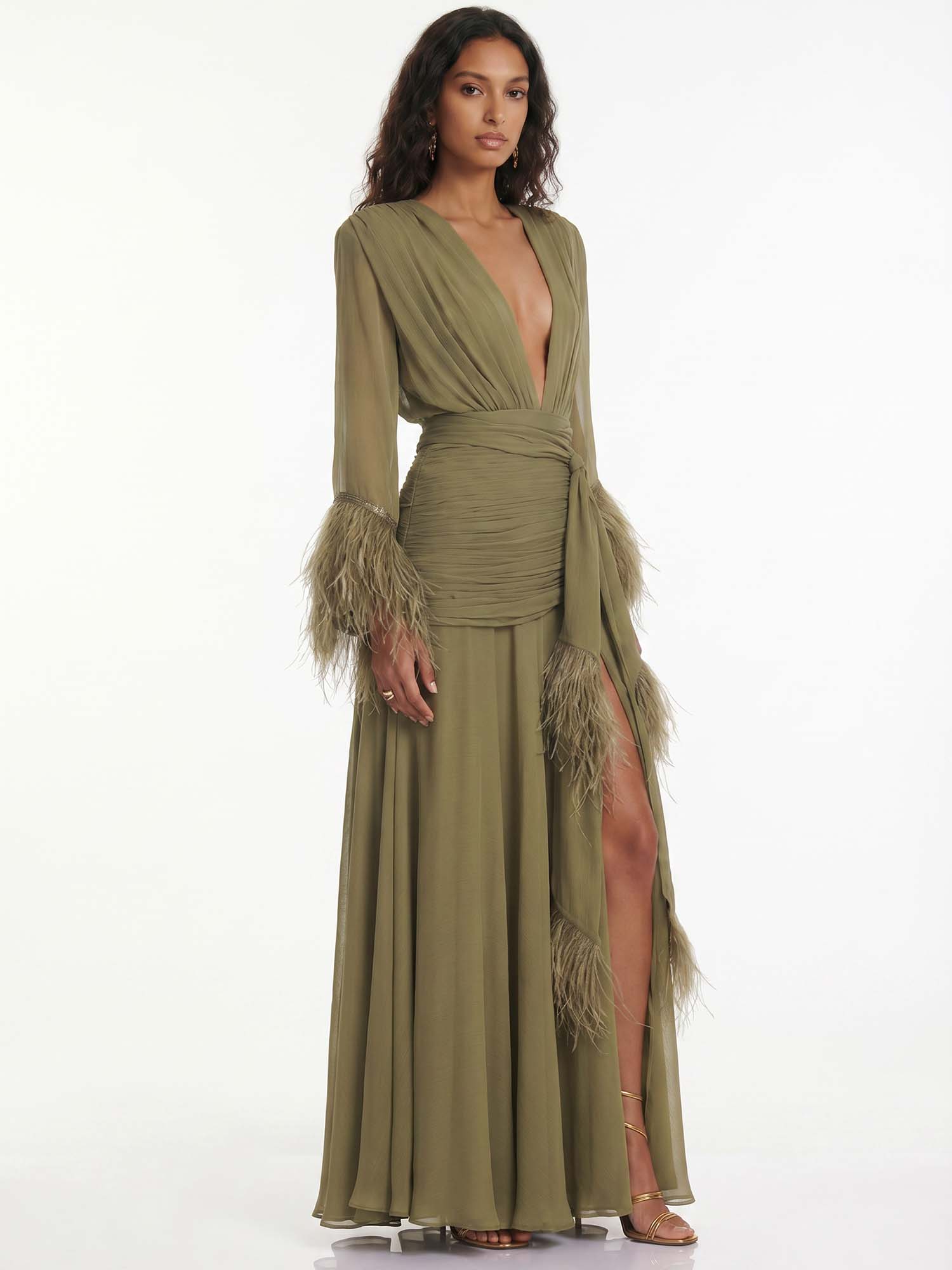 Olive Feather Reverie Maxi Dress