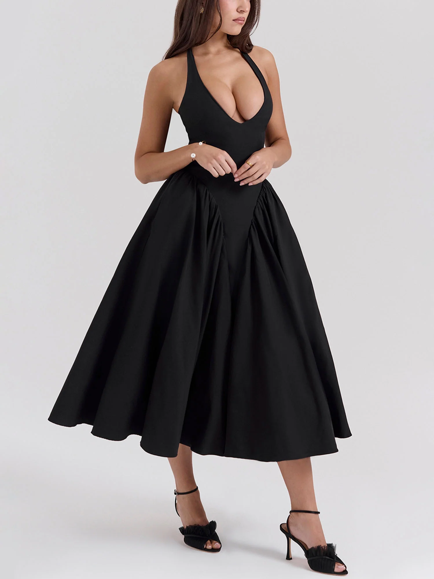 Pleated A-Line Halter Midi Dress