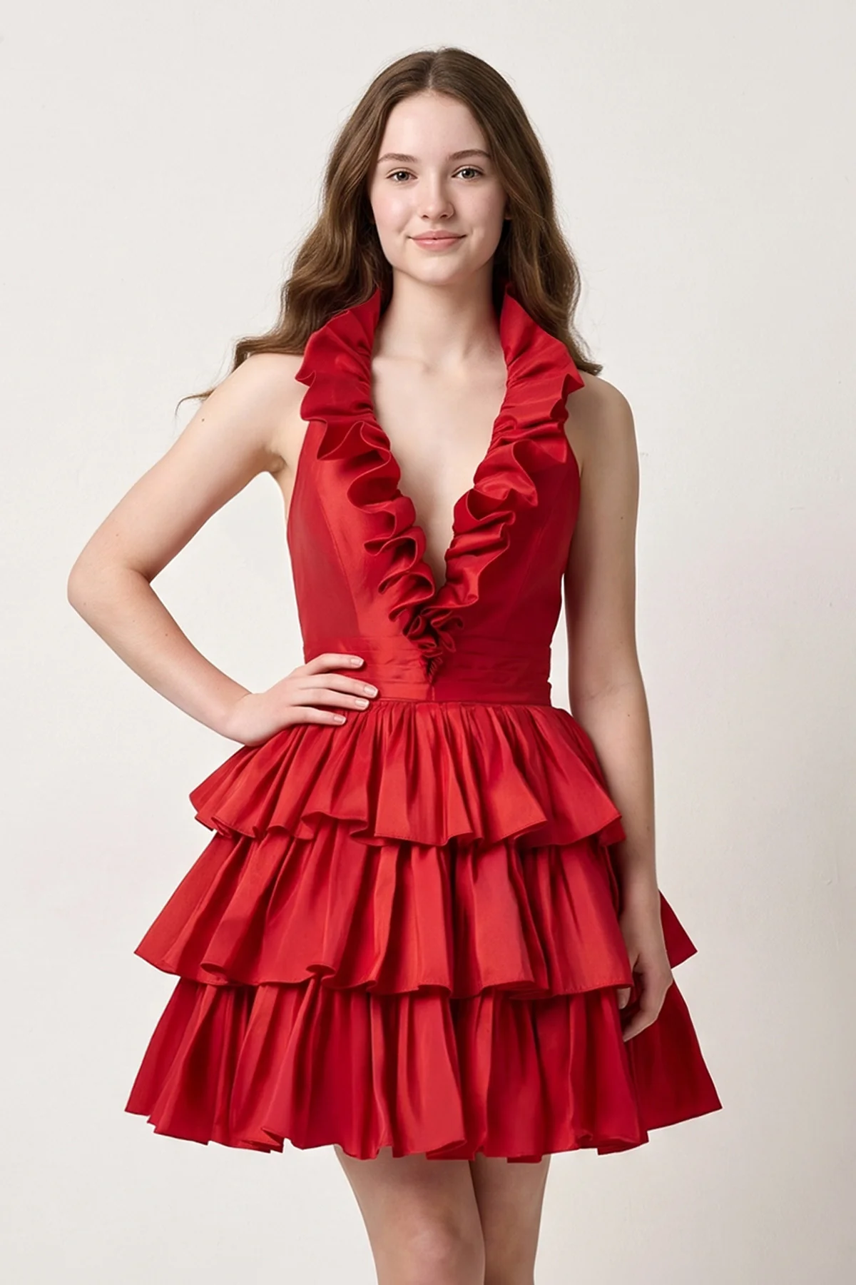 A-Line Deep Halter Satin Short Homecoming Dress with Ruffles