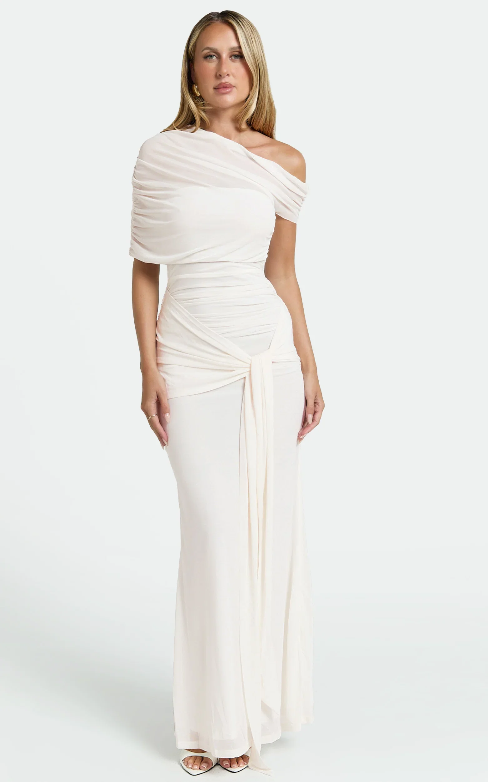 Nicolette Maxi Dress - Cape Sleeve Off Shoulder Dress in Cream
