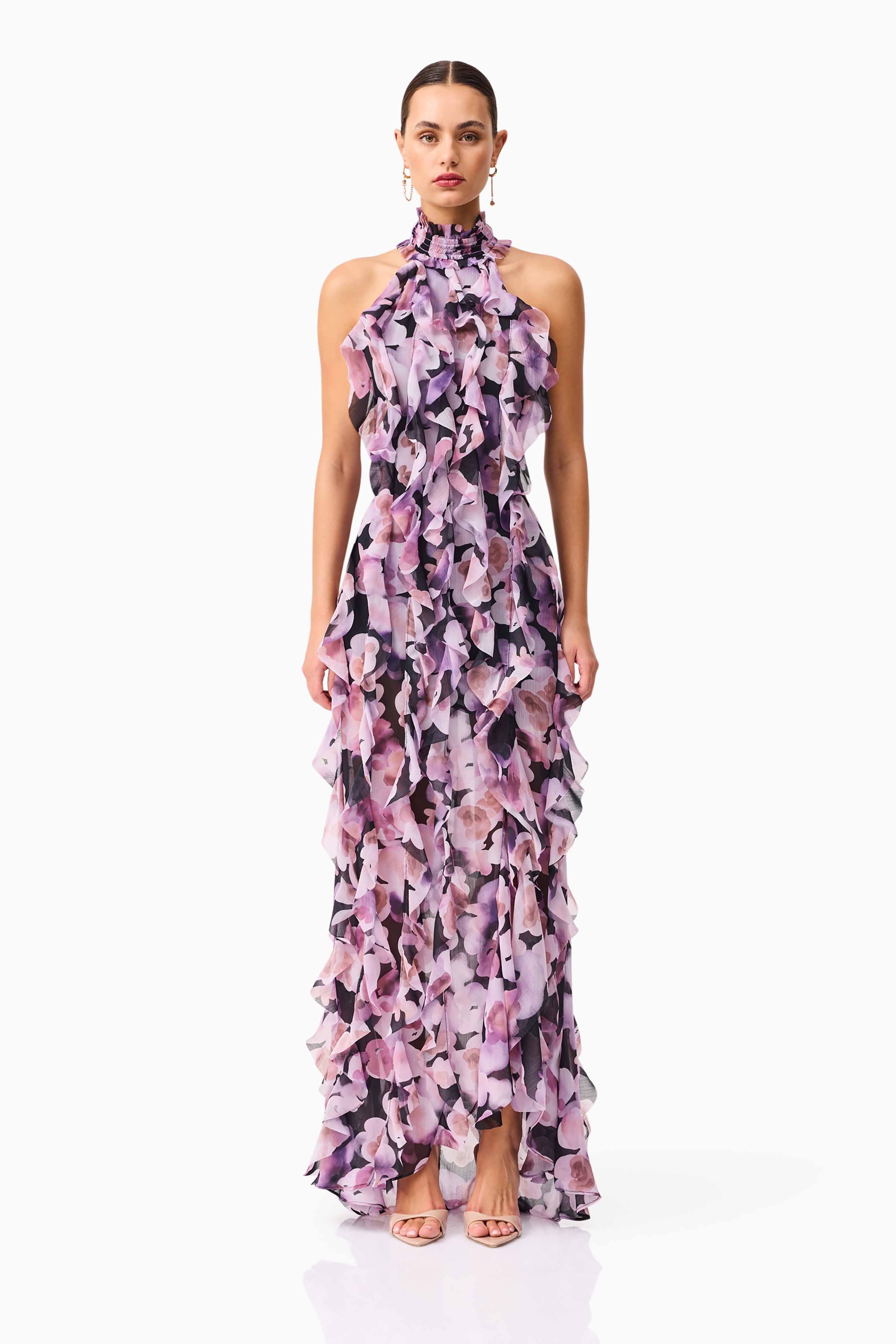 Solene Halter Gown in Purple Floral
