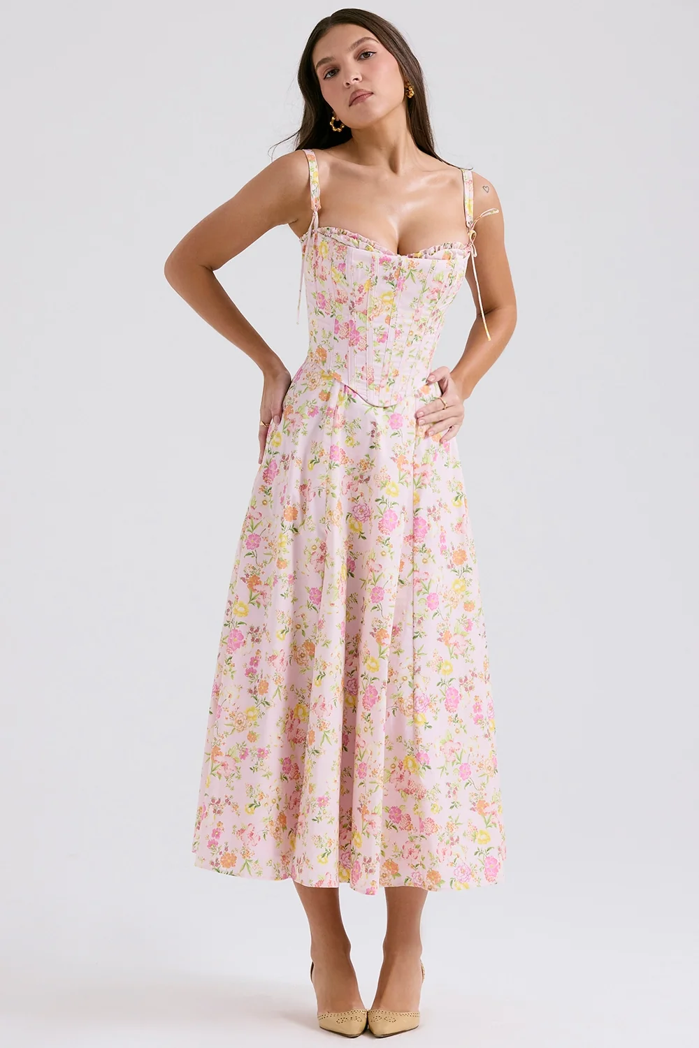 pink meadow print cotton midi sundress