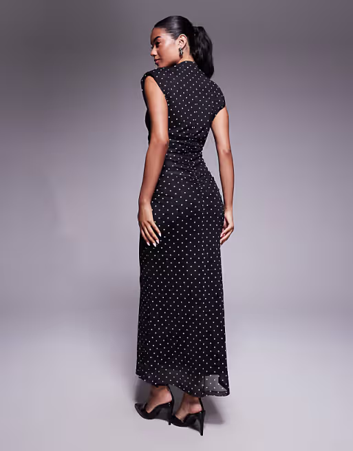 high neck detail maxi dress with shoulder pads in polka dot