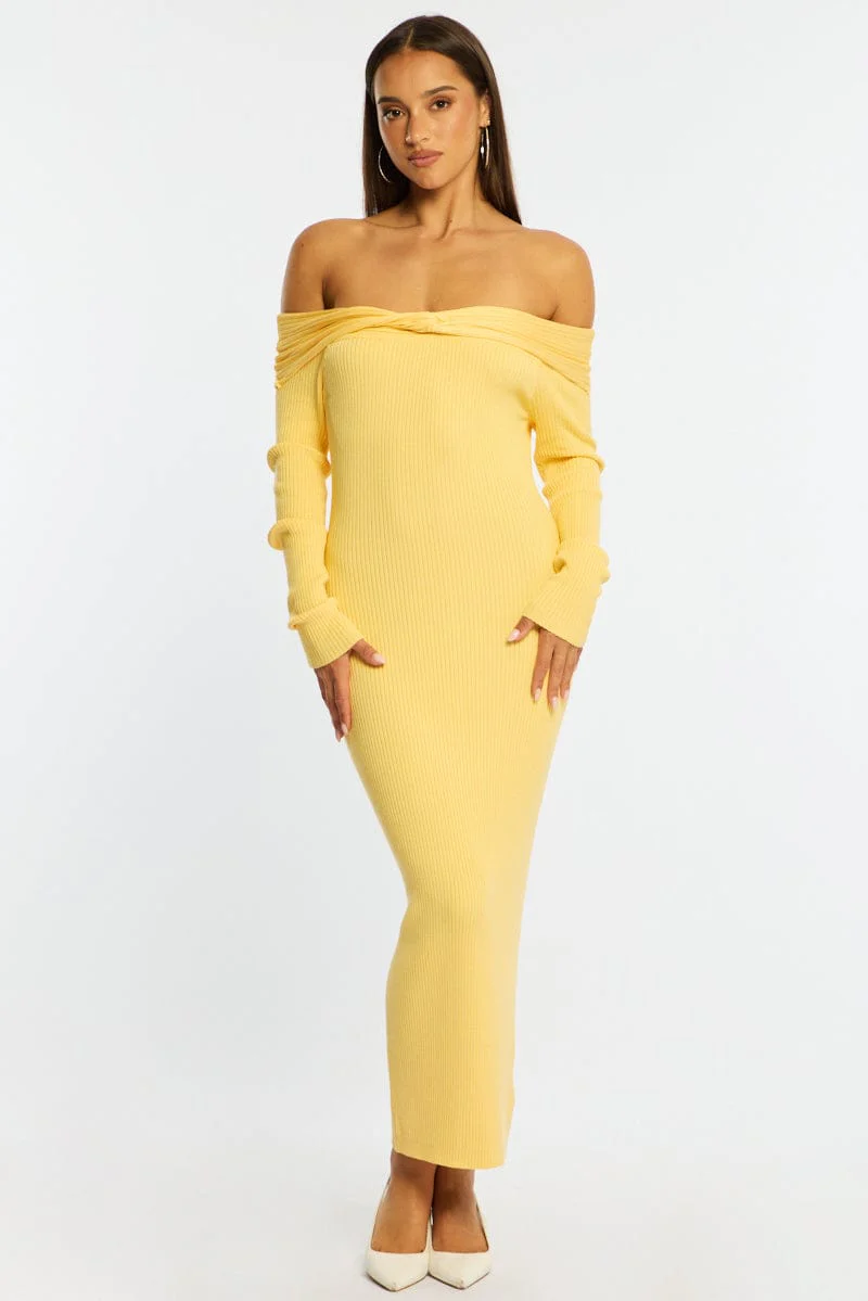 Yellow Knit Dress Long Sleeve Maxi
