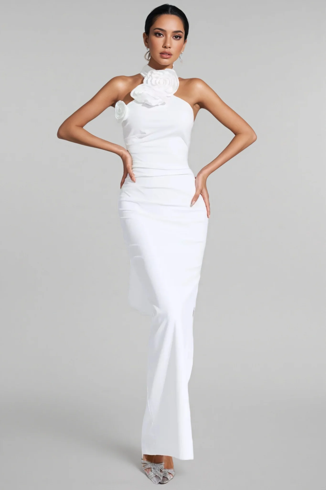 Hilia White Floral Ruched Halter Maxi Dress