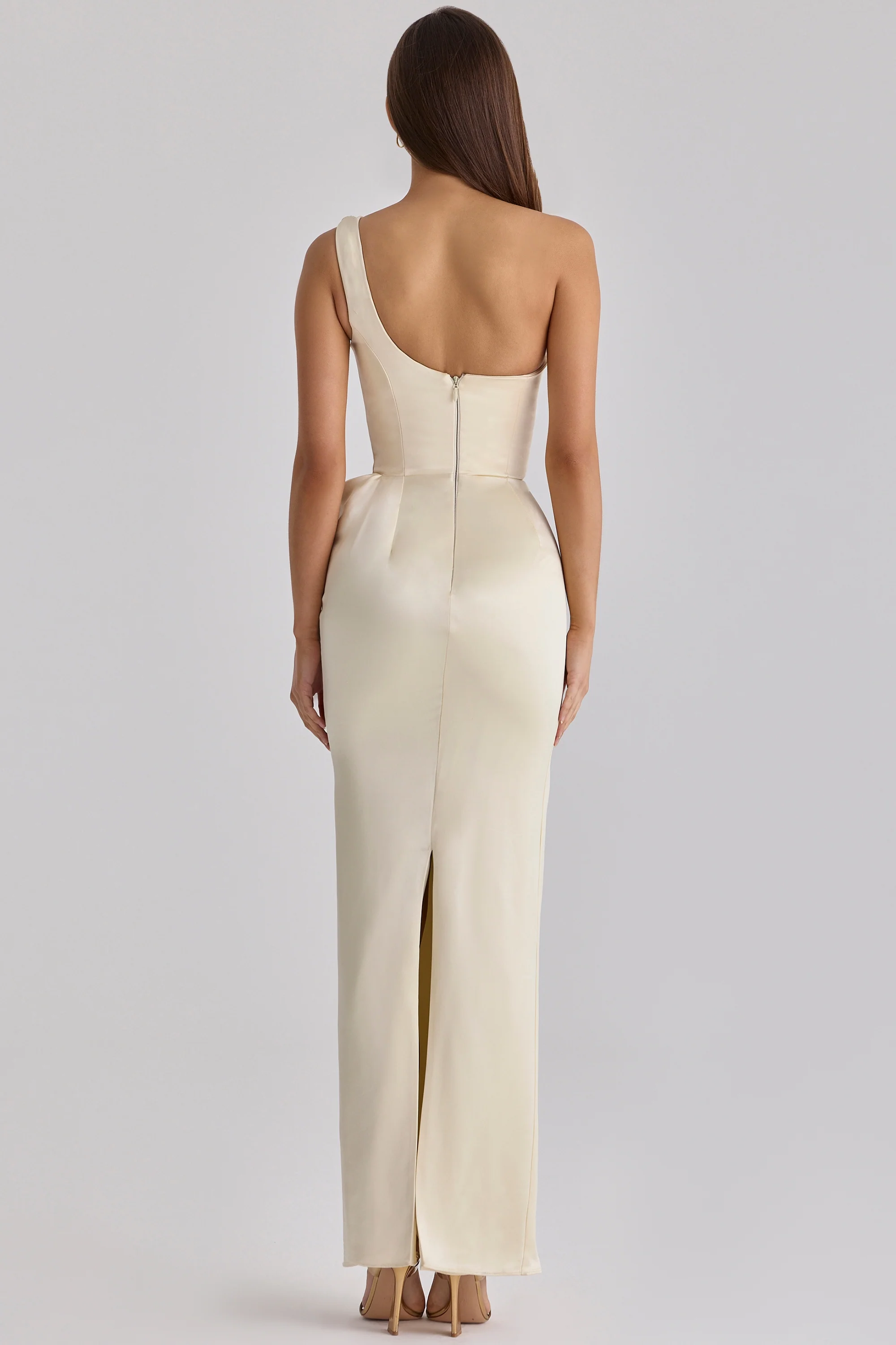 Lemon One Shoulder Satin Maxi Dress