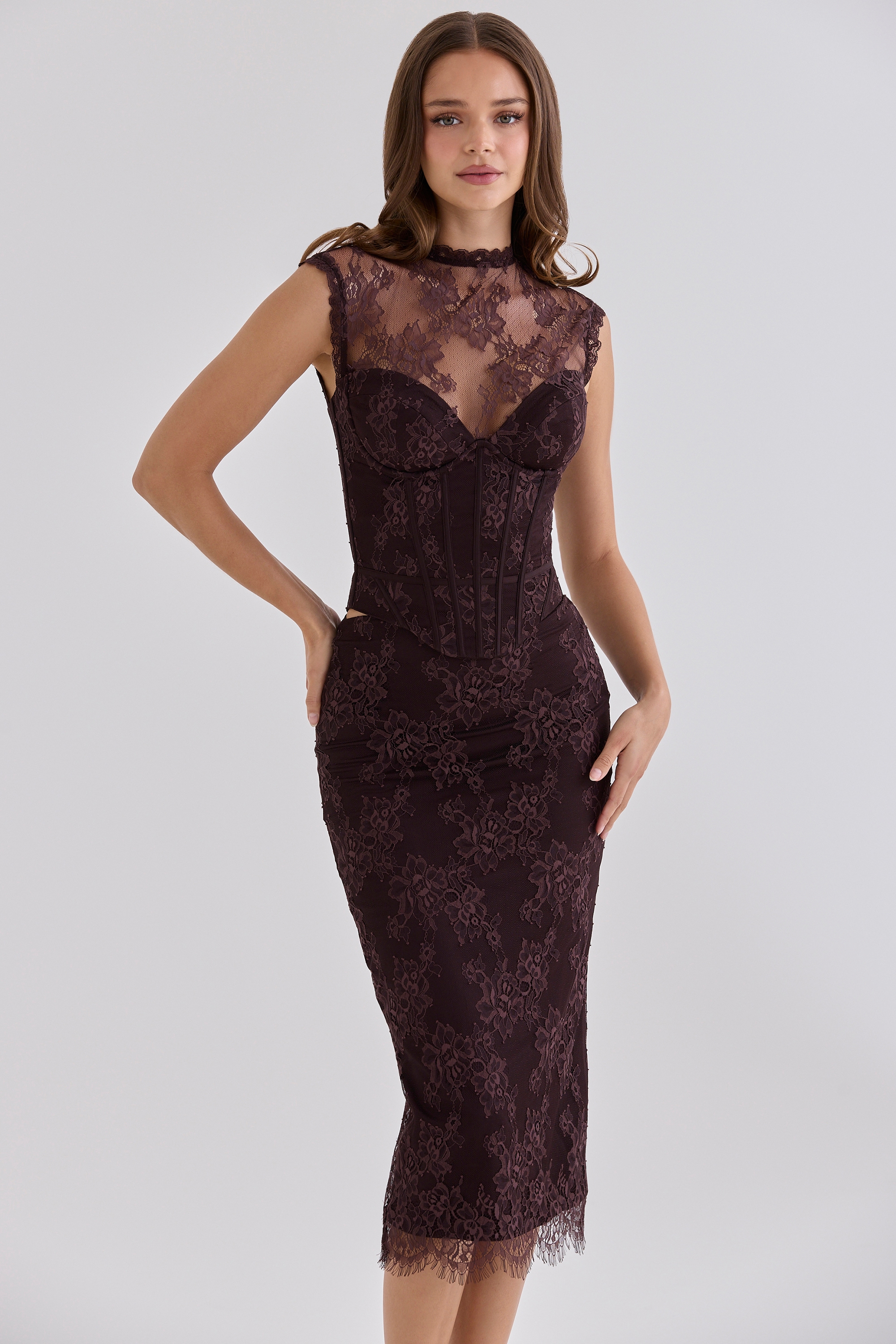 Chocolate Brown Lace Midi Skirt