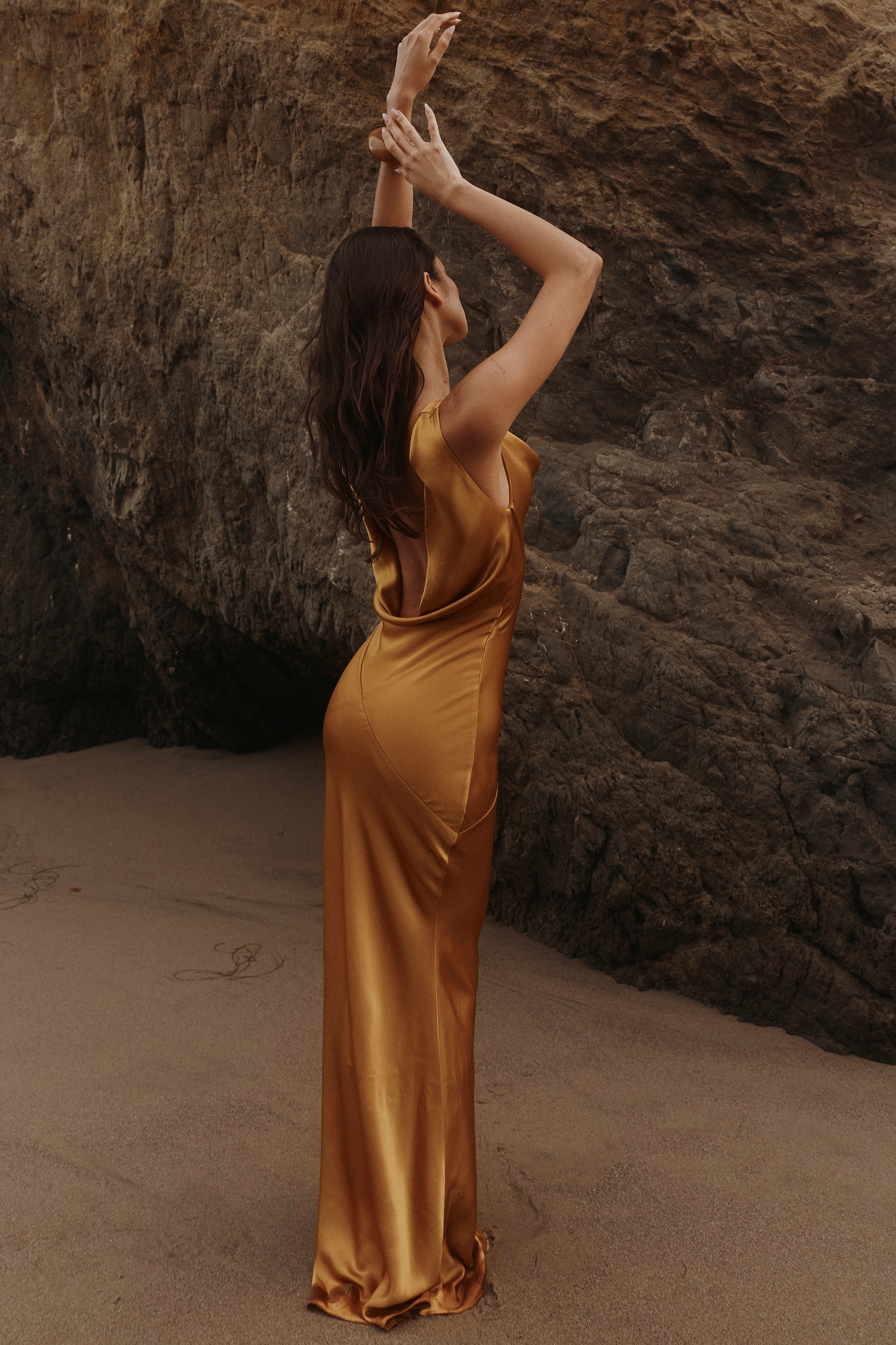 amber satin draped cowl neck maxi dress