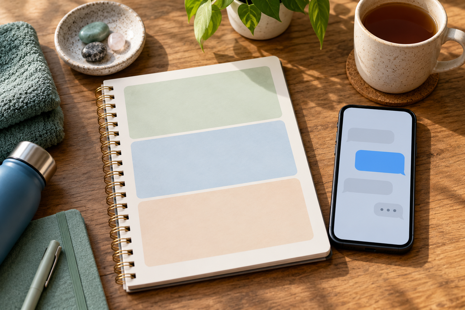 Editorial illustration of a support-planning notebook and a phone with abstract messages.