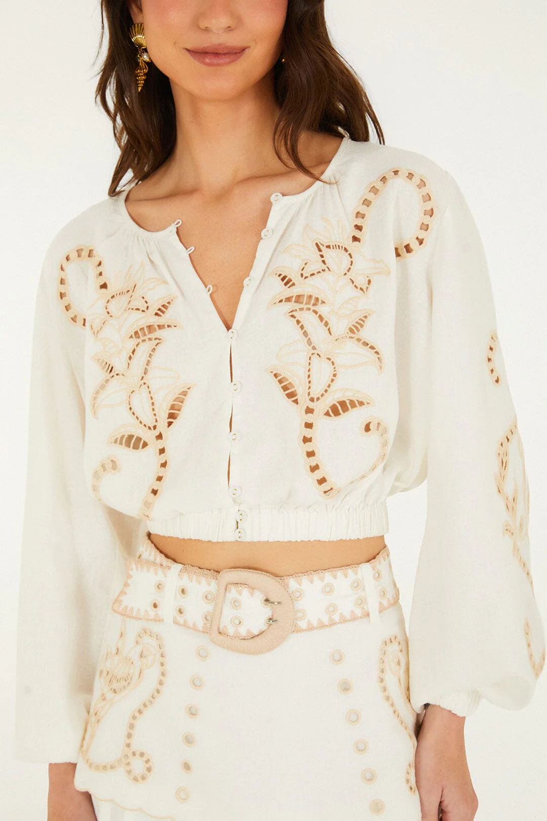FARM Rio Off-White Richelieu Long Sleeve Blouse