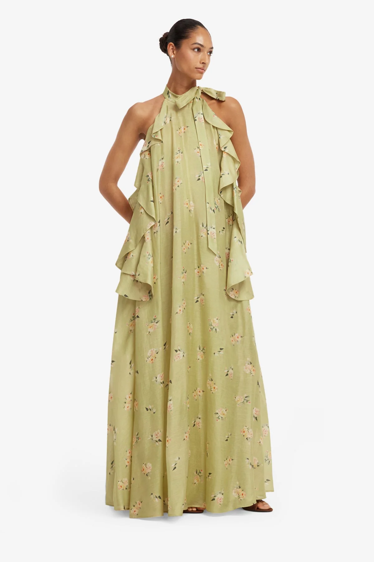 Anne Ruffled Maxi Dress - Pistachio Rose Print
