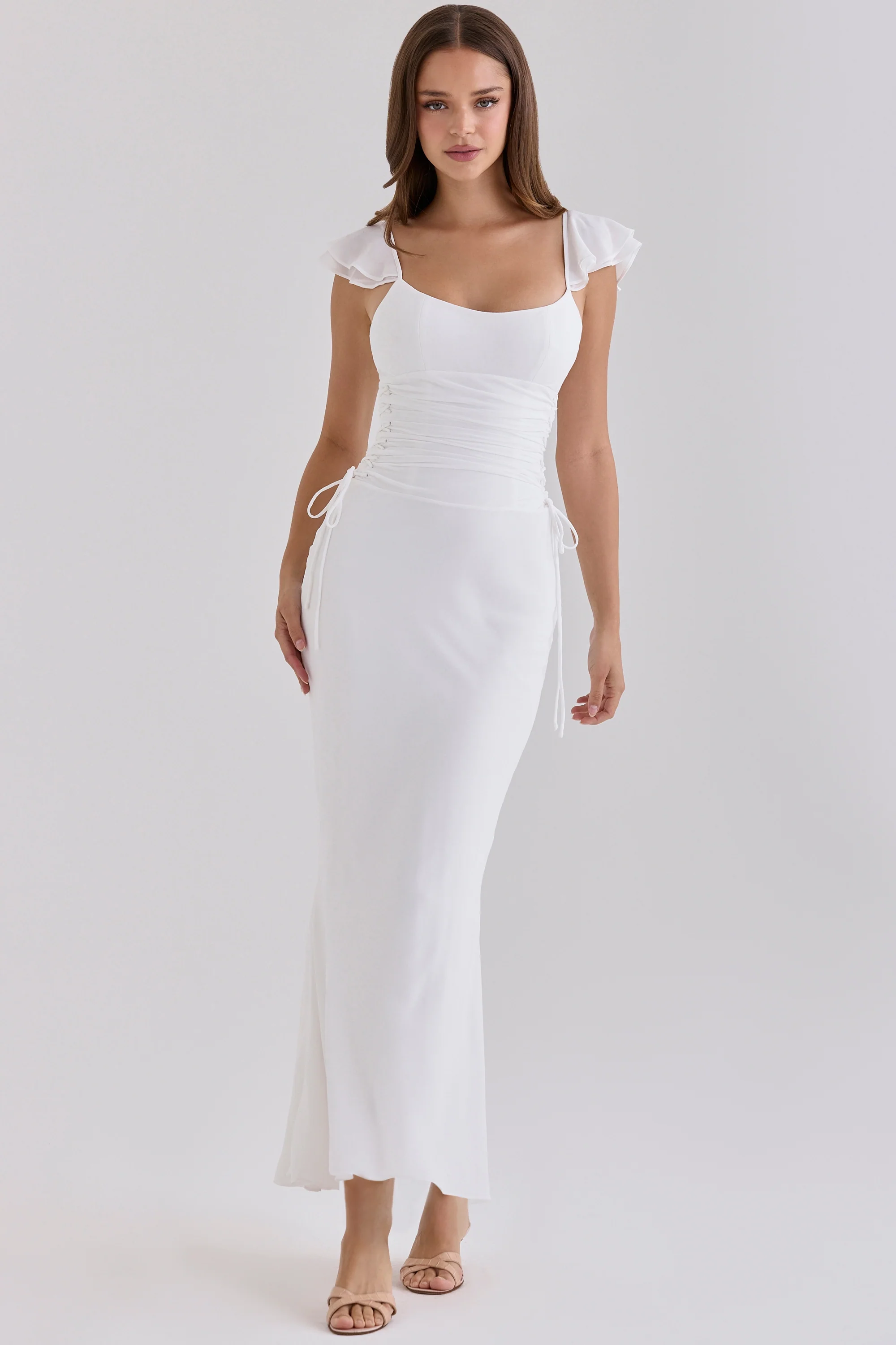 White Georgette Flutter Sleeve Maxi Dress