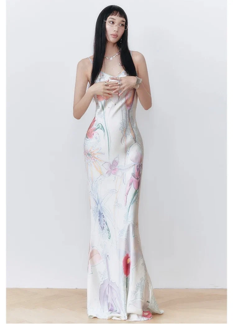 Botanical Print Bias-Cut Camisole Long Dress