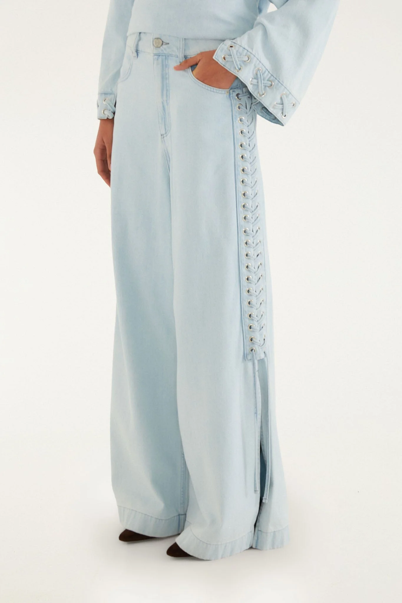 Light Denim Ties Wide-Leg Pants