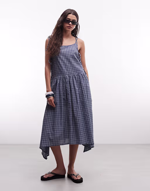 COLLUSION tie side asymmetric maxi dress in blue plaid