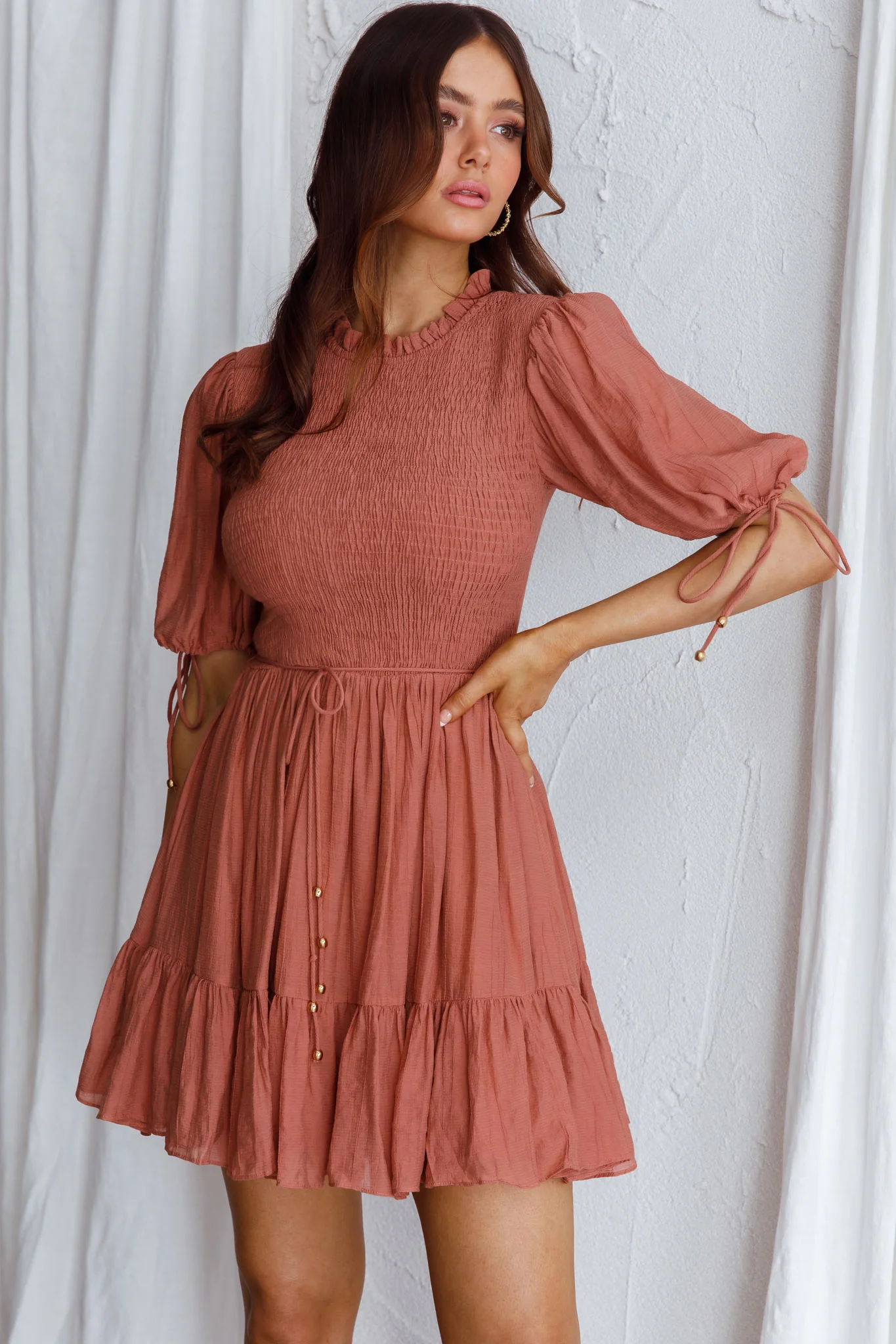 Secret Garden Puff Sleeve Smocked Bodice Dress Mocha