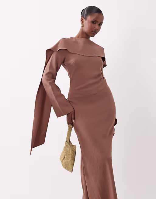 maxi dress with cape scarf detail in cocoa