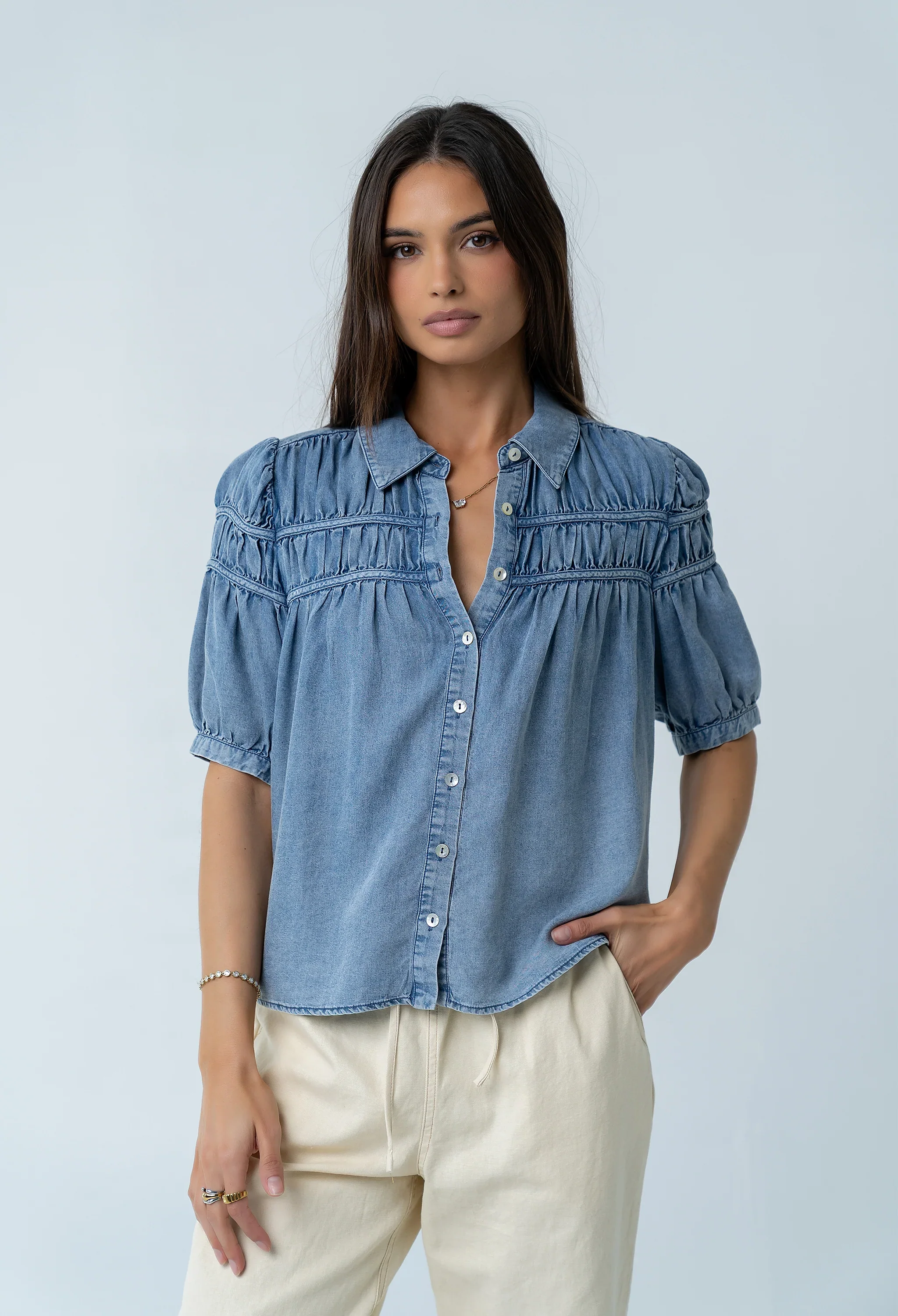 Whitney Button Up Blouse in Medium Wash